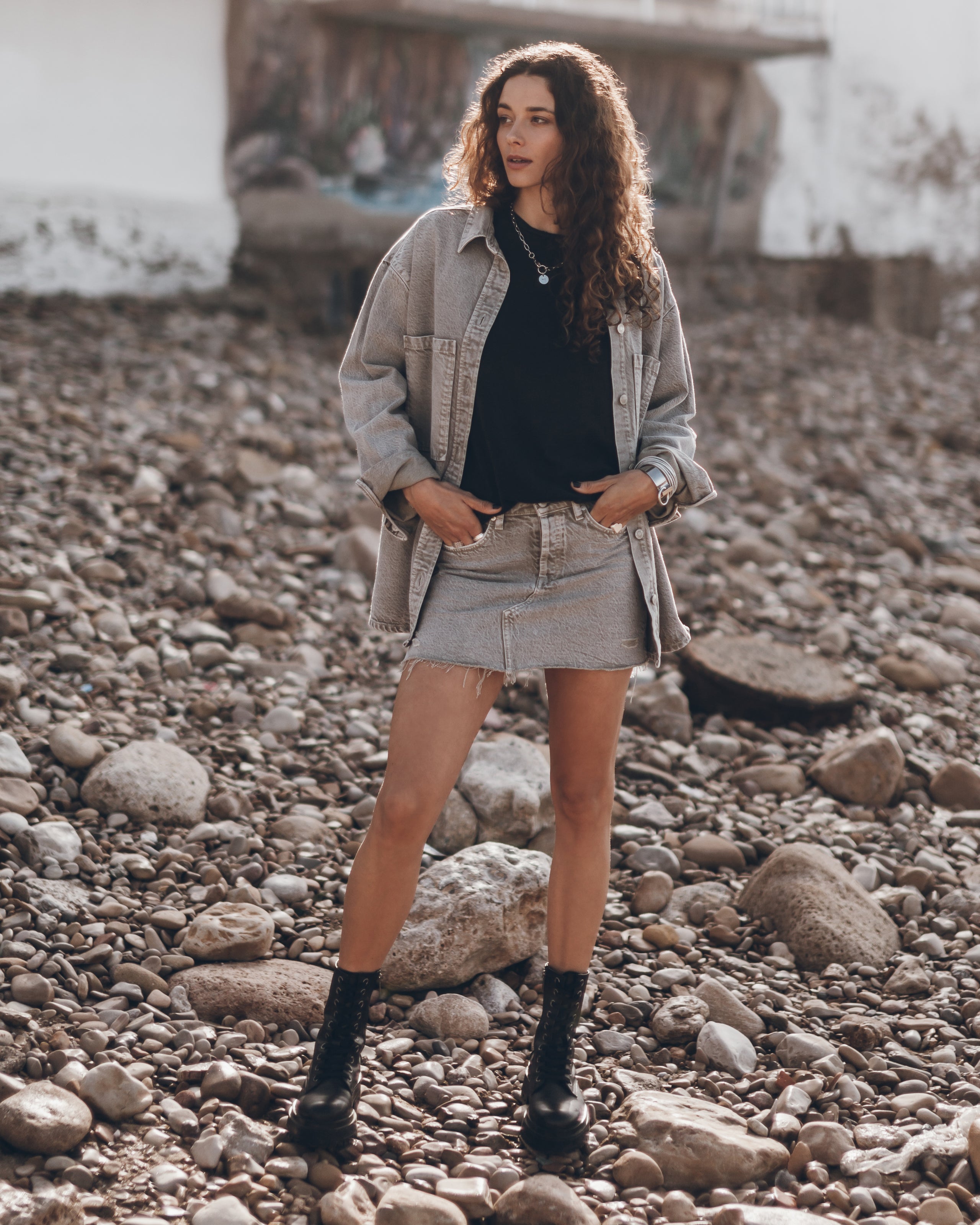 Khaki Faded Denim Overshirt Skirt Dark Dry Cotton Vintage Shirt Black Laced Leather Boots - Produ...