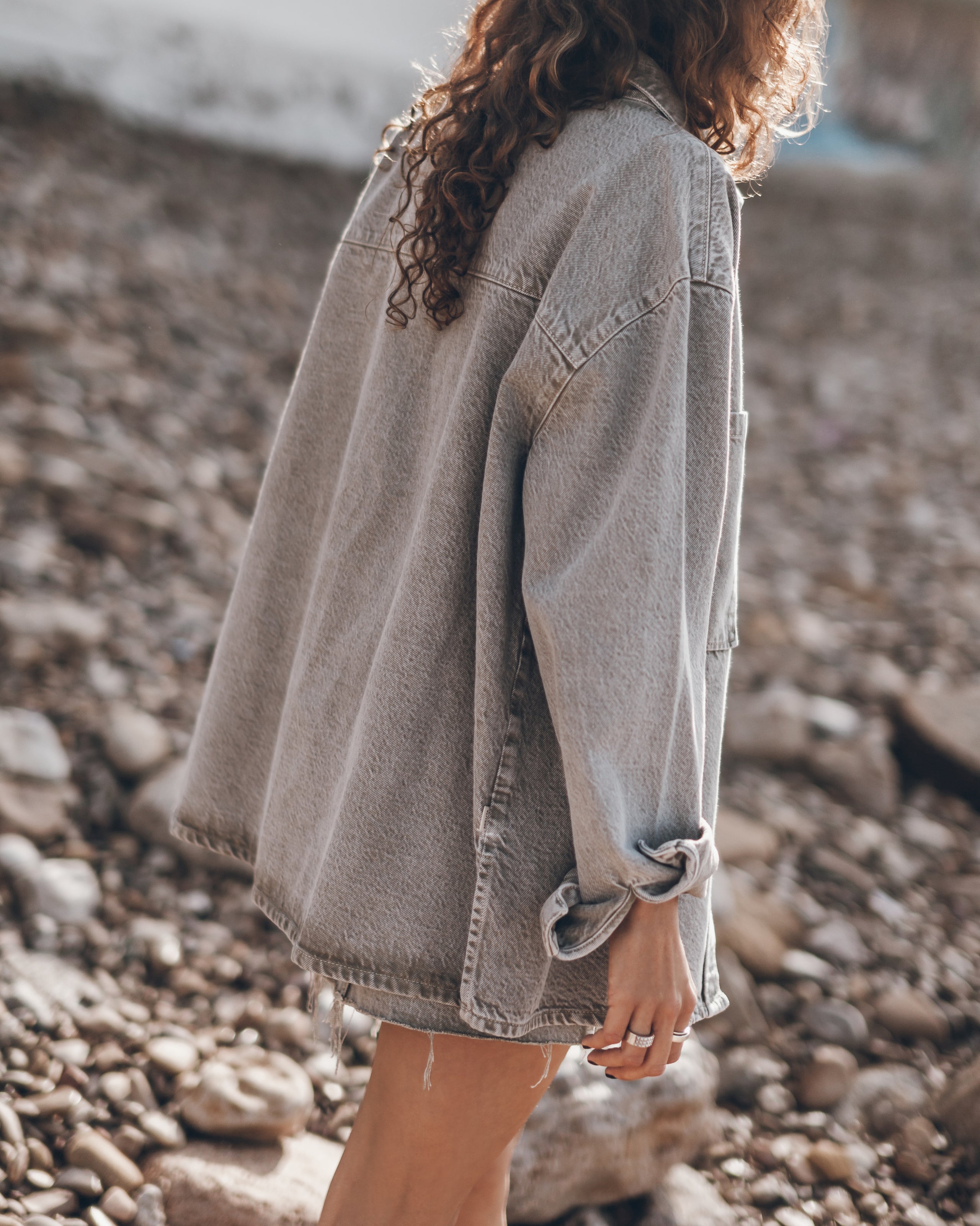 Khaki Faded Denim Overshirt Skirt Dark Dry Cotton Vintage Shirt Black Laced Leather Boots - Produ...