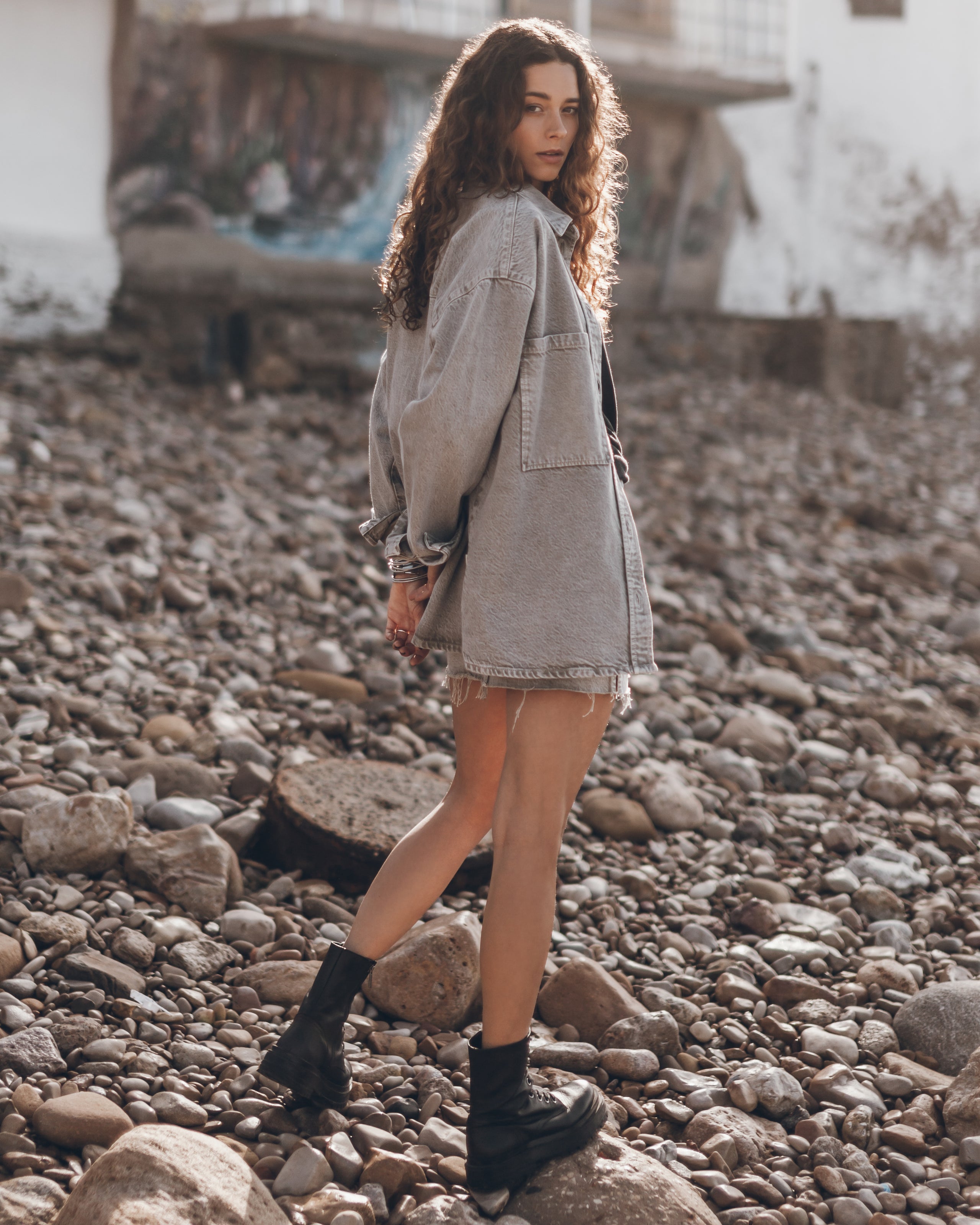 Khaki Faded Denim Overshirt Skirt Dark Dry Cotton Vintage Shirt Black Laced Leather Boots - Produ...