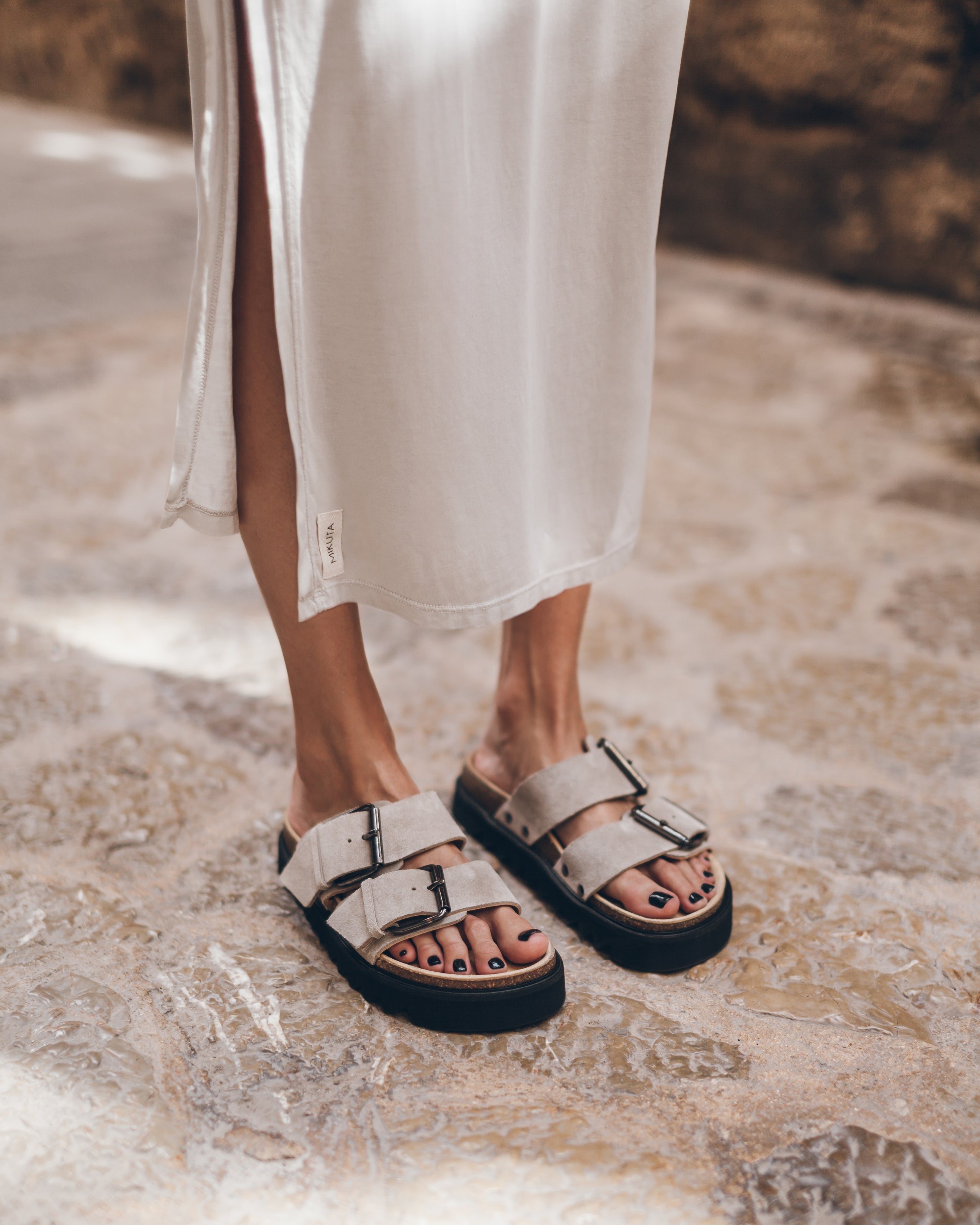 Light Long Batwing Dress Beige Suede Buckle Sandals Maria - Product photo
