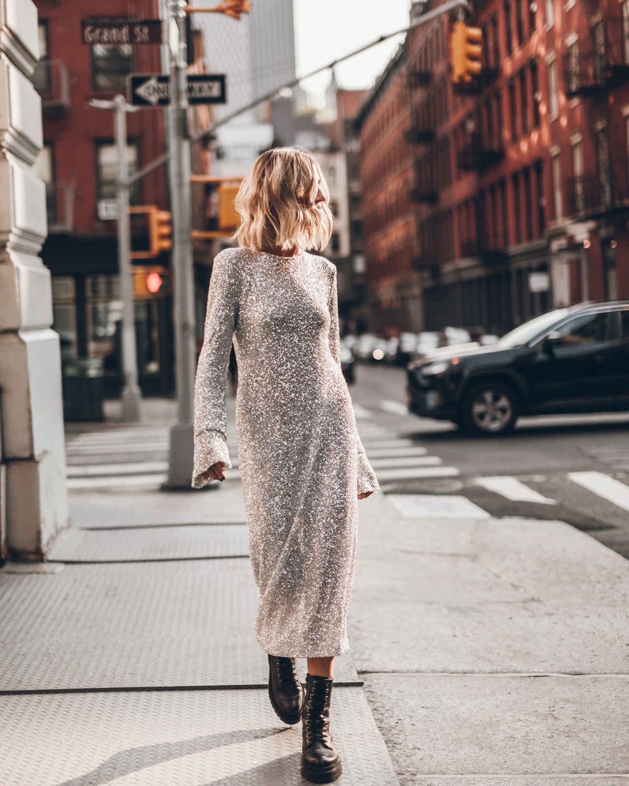 Light Long Sequin Dress Black Laced Leather Boots - Product photo