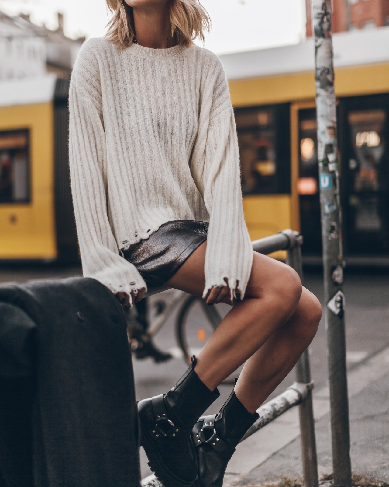 Off White Destroyed Knitted Sweater Silver Coated Leather Skirt Black Biker Boots - Product photo