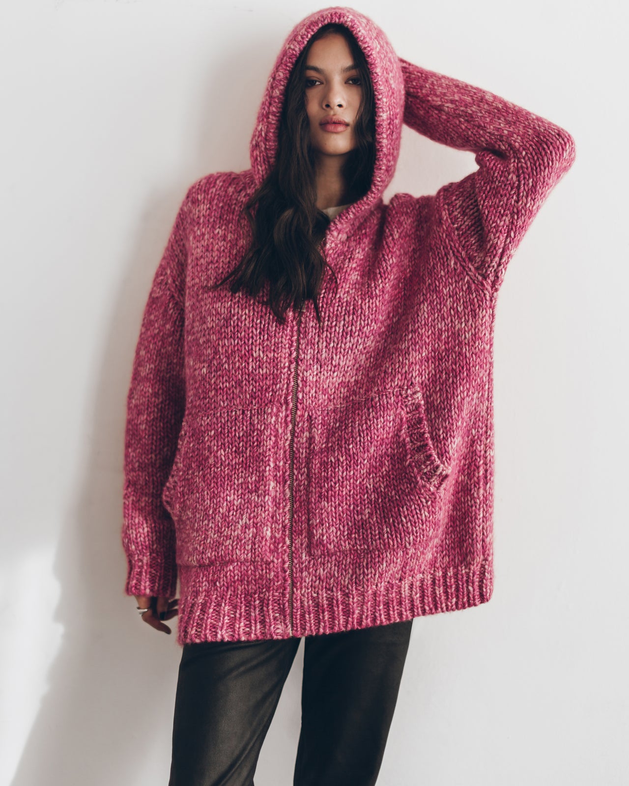 Pink And White Knitted Zipped Hoodie Black Straight Leather Pants - Product photo