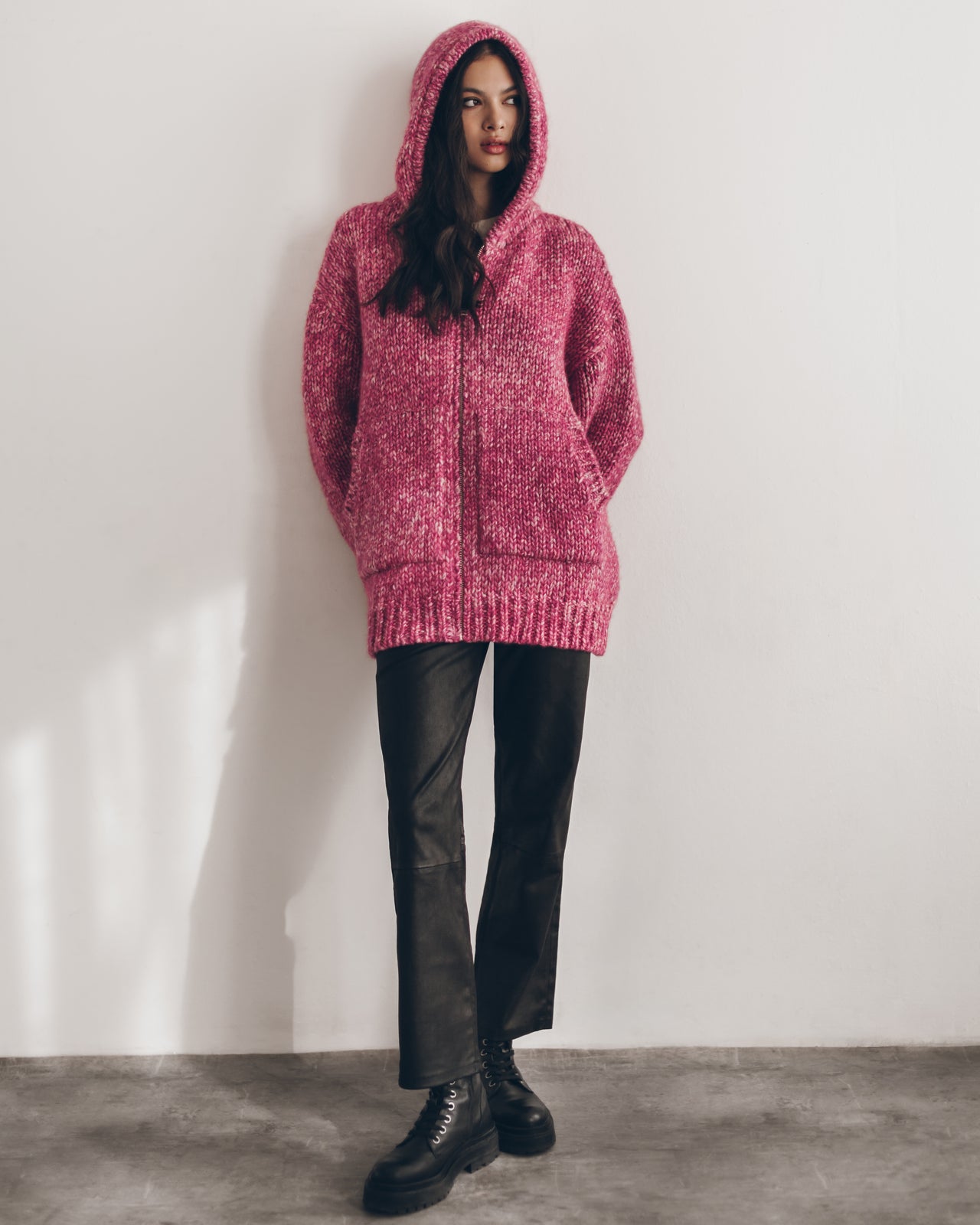 Pink And White Knitted Zipped Hoodie Straight Leather Pants - Product photo