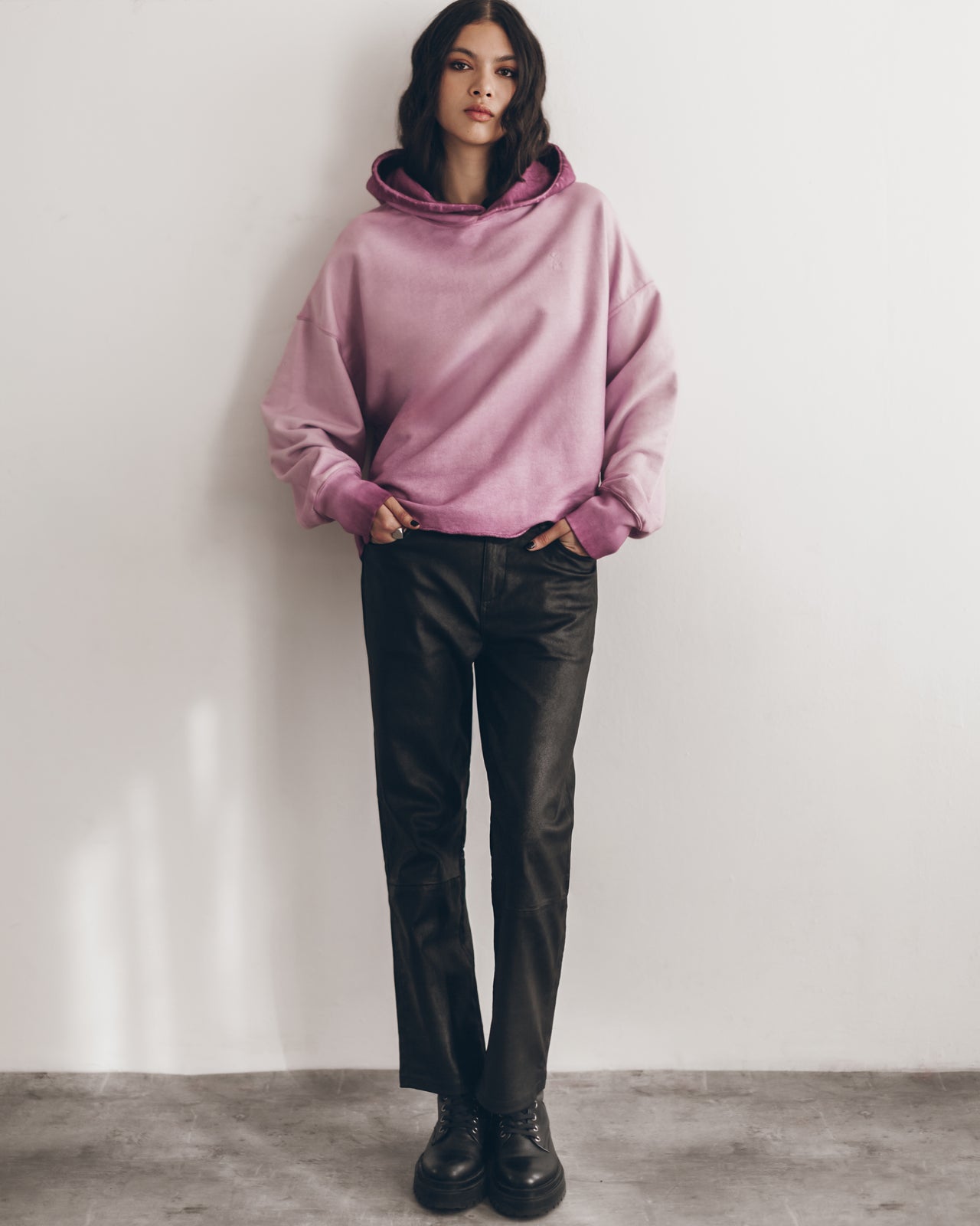 Pink Cropped Base Hoodie Straight Leather Pants - Product photo