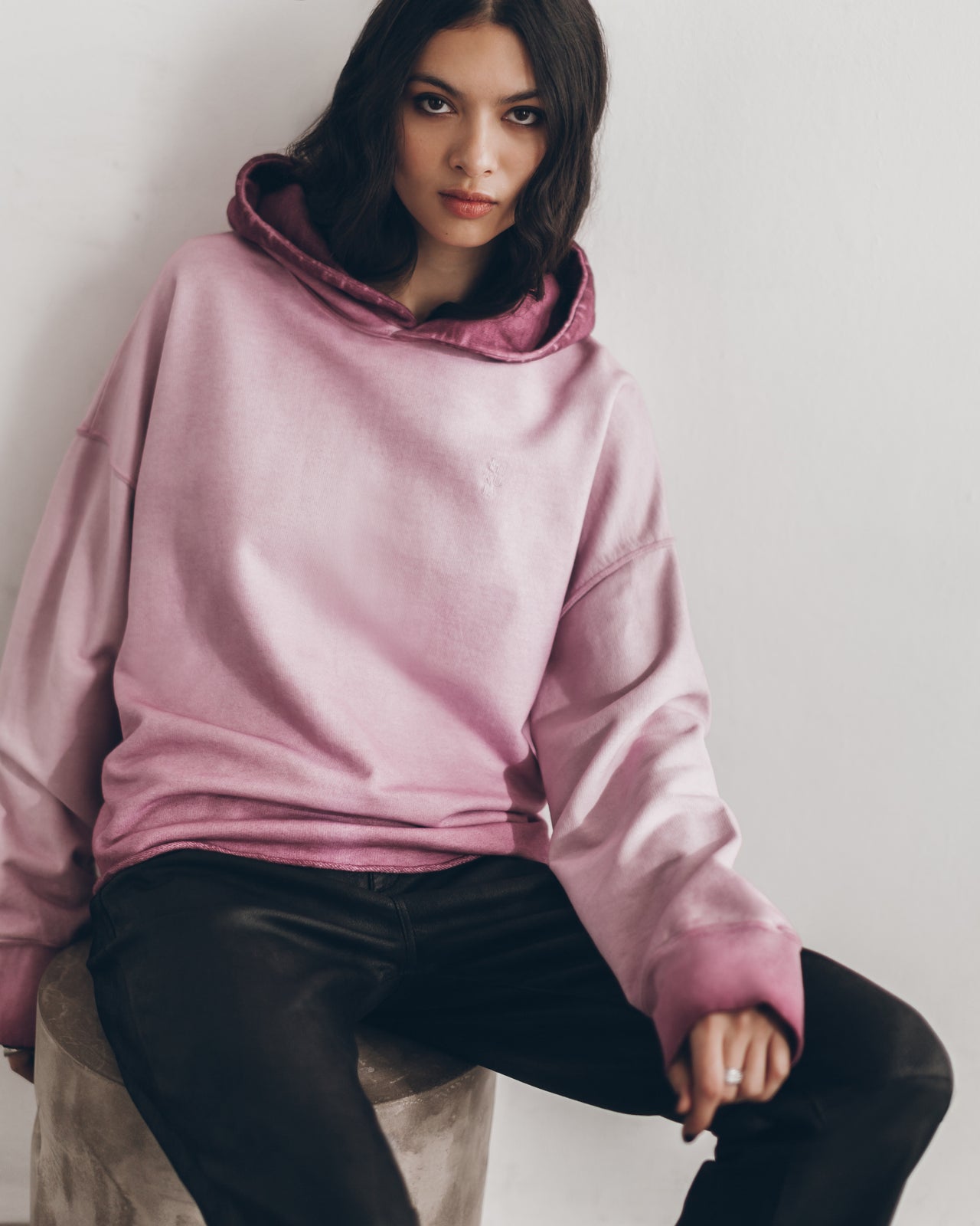 Pink Cropped Base Hoodie Straight Leather Pants - Product photo