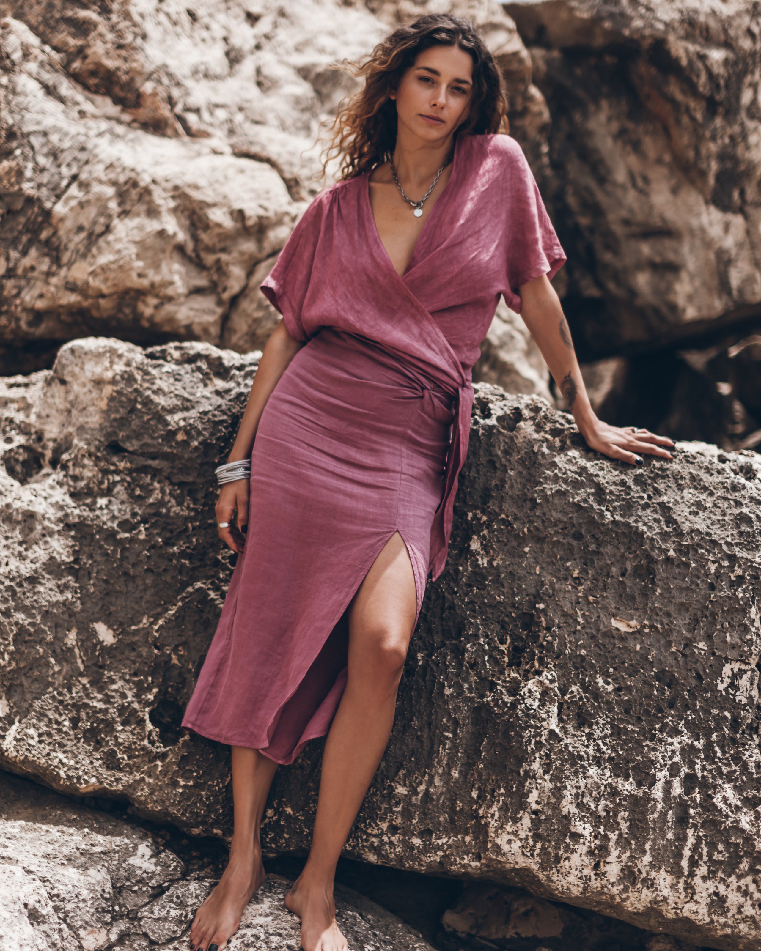 Pink Faded Knotted Linen Wrap Top Pink Faded Long Linen Knot Skirt Decf - Product photo