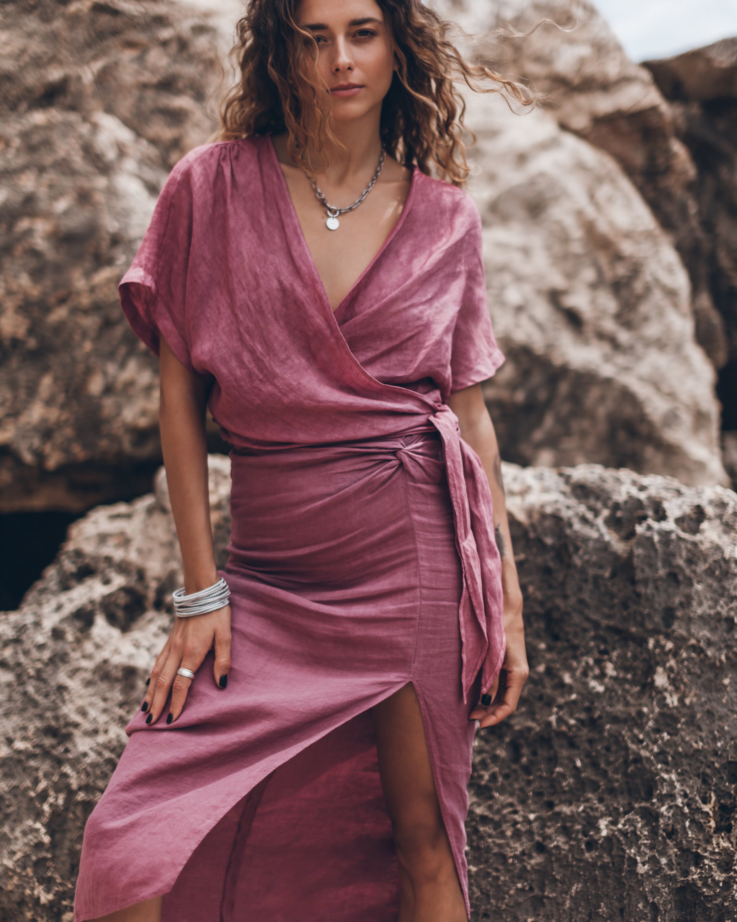 Pink Faded Knotted Linen Wrap Top Pink Faded Long Linen Knot Skirt - Product photo