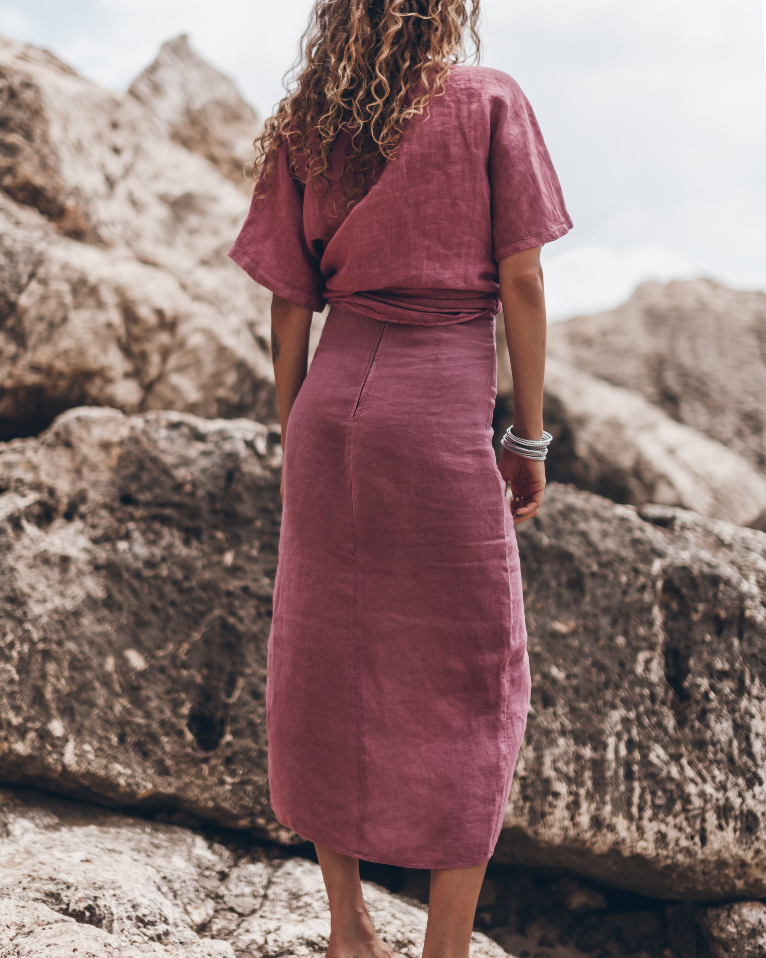 Pink Faded Knotted Linen Wrap Top Pink Faded Long Linen Knot Skirt - Product photo