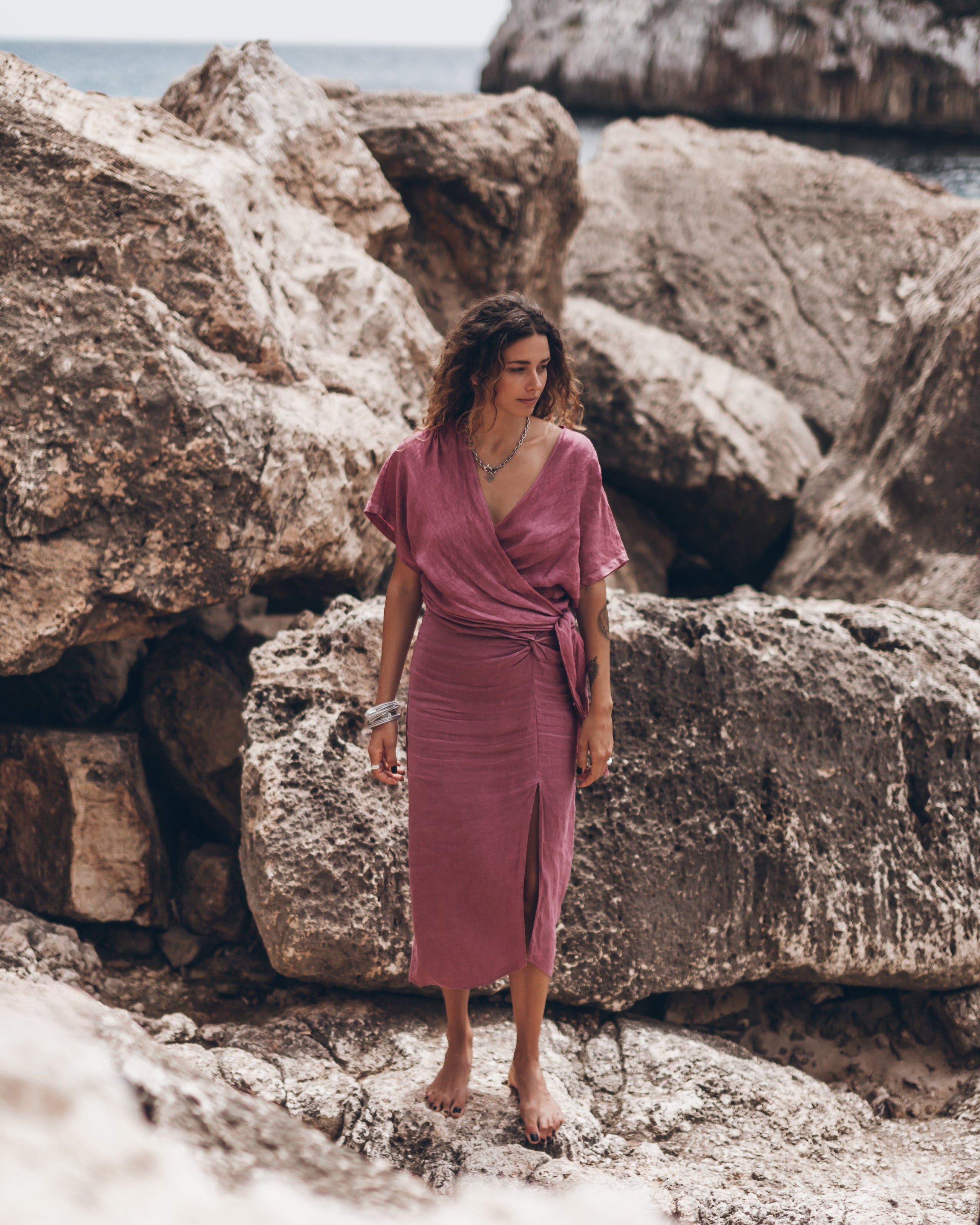Pink Faded Knotted Linen Wrap Top Pink Faded Long Linen Knot Skirt - Product photo