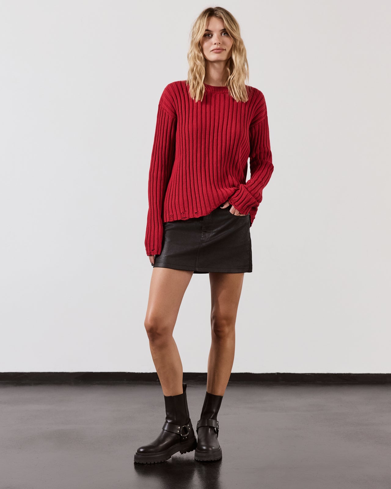 Red Destroyed Knitted Sweater Leather Skirt Black Biker Boots - Product photo