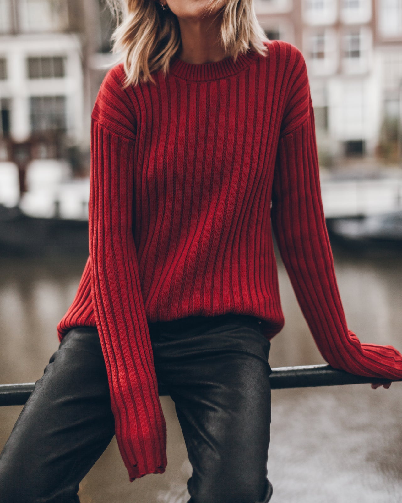 Red Destroyed Knitted Sweater Straight Leather Pants - Product photo