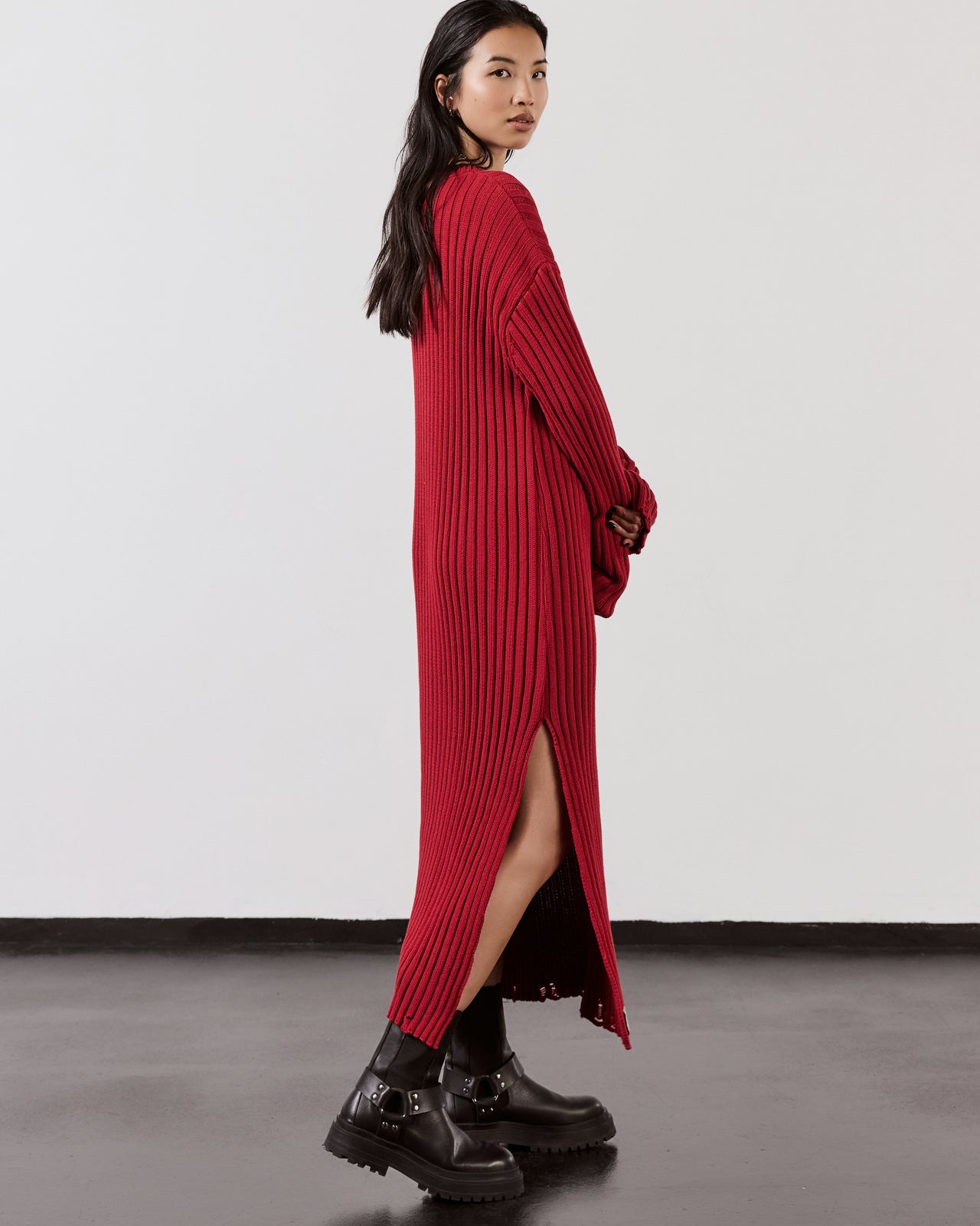 Red Knit Longsleeve Dress Black Biker Boots - Product photo