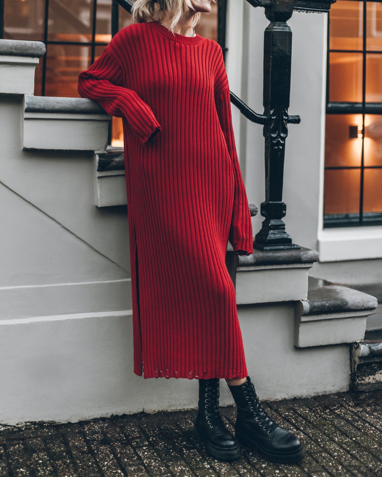 Red Knit Longsleeve Dress Black Laced Leather Boots - Product photo