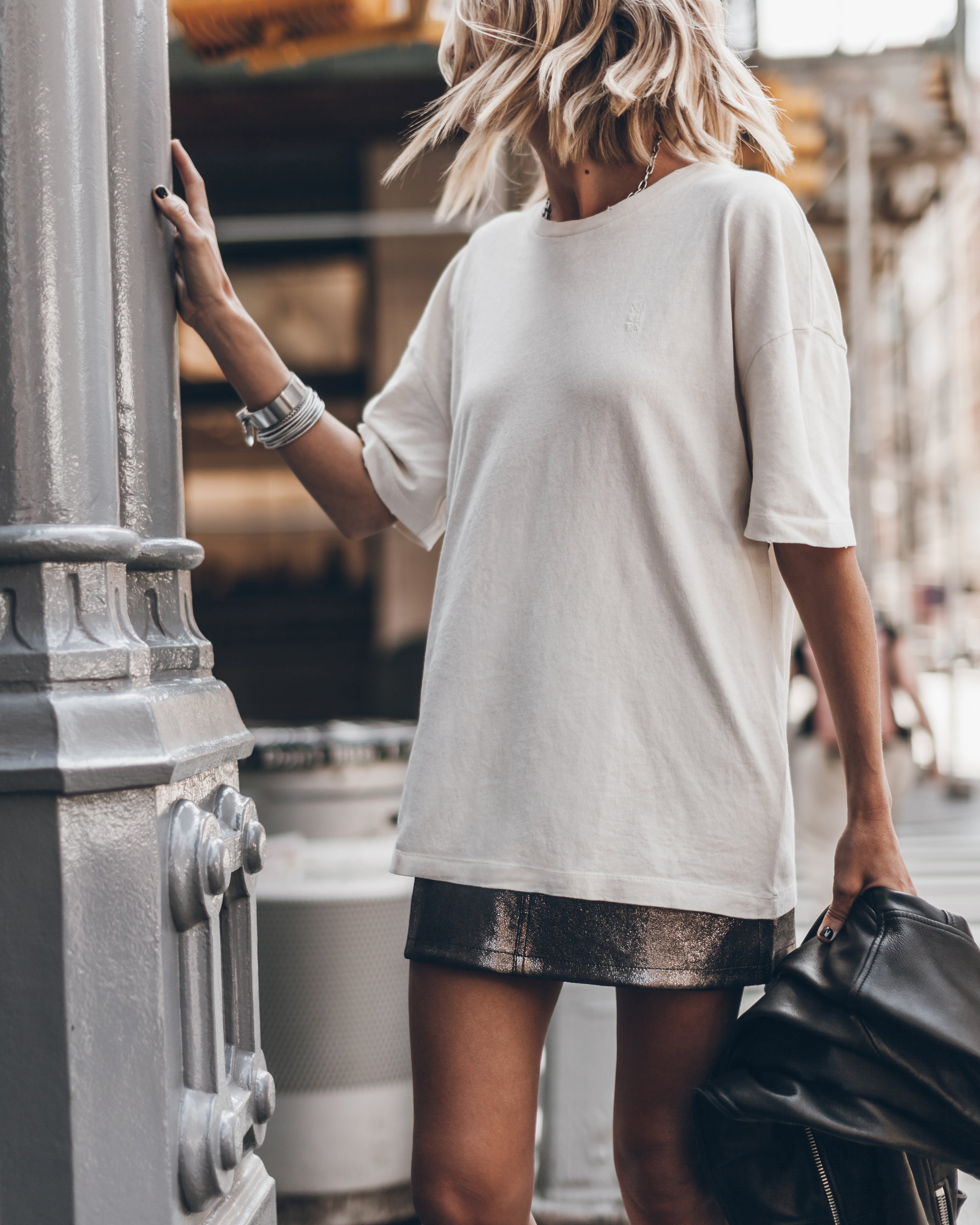 Silver Coated Leather Skirt Off White Vintage Unisex Shirt Leather Jacket - Product photo