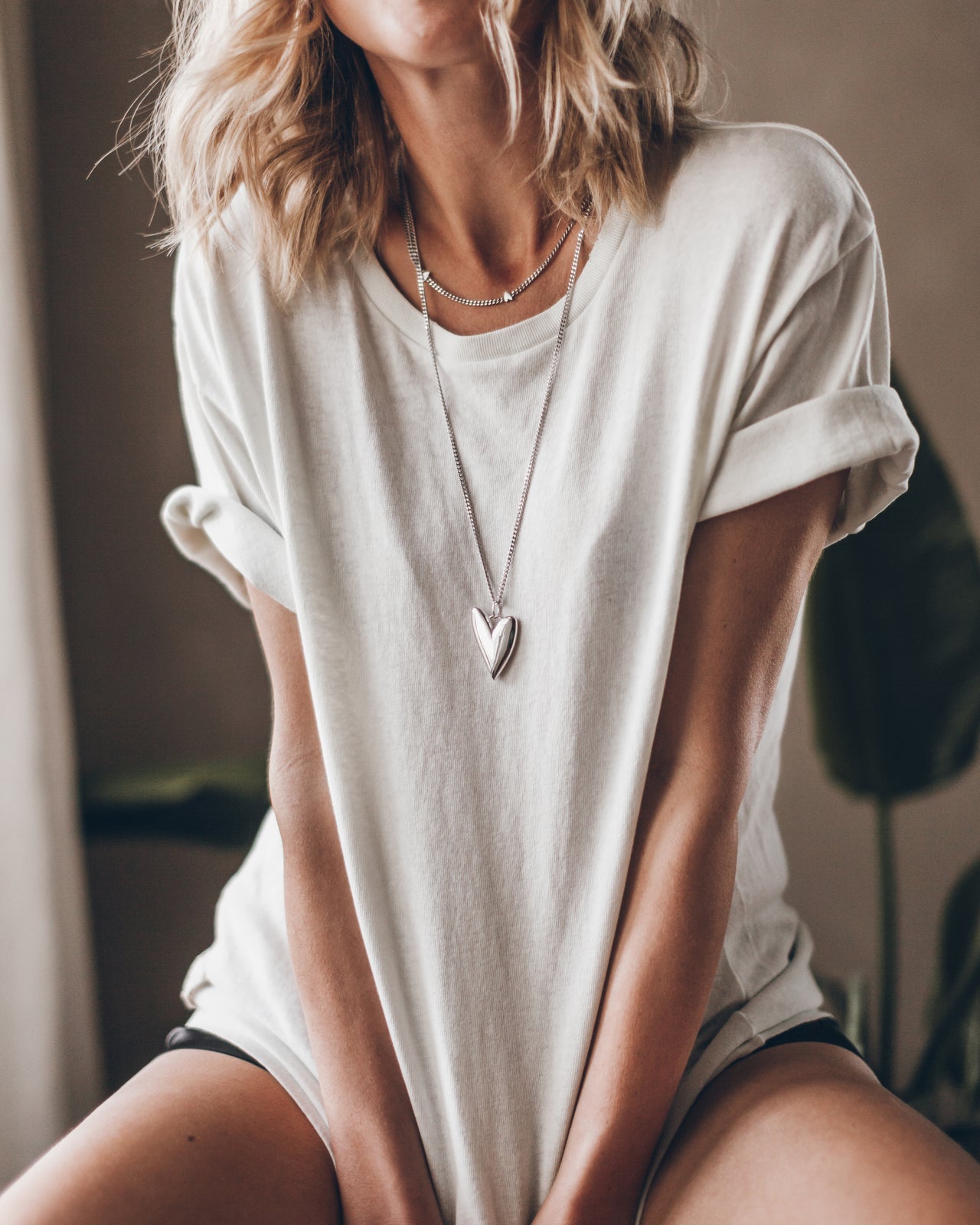 Silver Long Heart Necklace Tiny Heart Necklace Off White Dry Cotton Vintage Shirt - Product photo