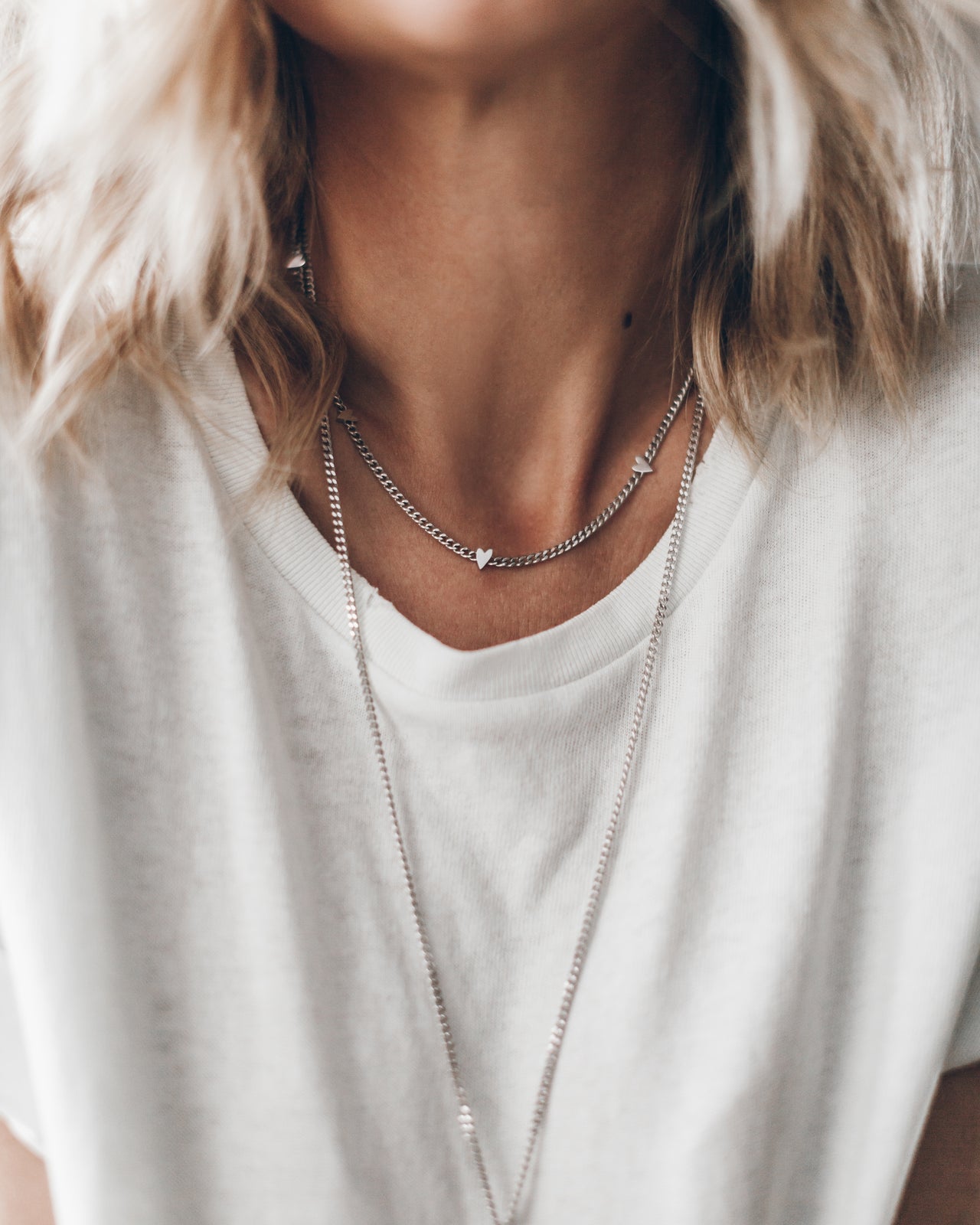Silver Long Heart Necklace Tiny Heart Necklace Off White Dry Cotton Vintage Shirt - Product photo