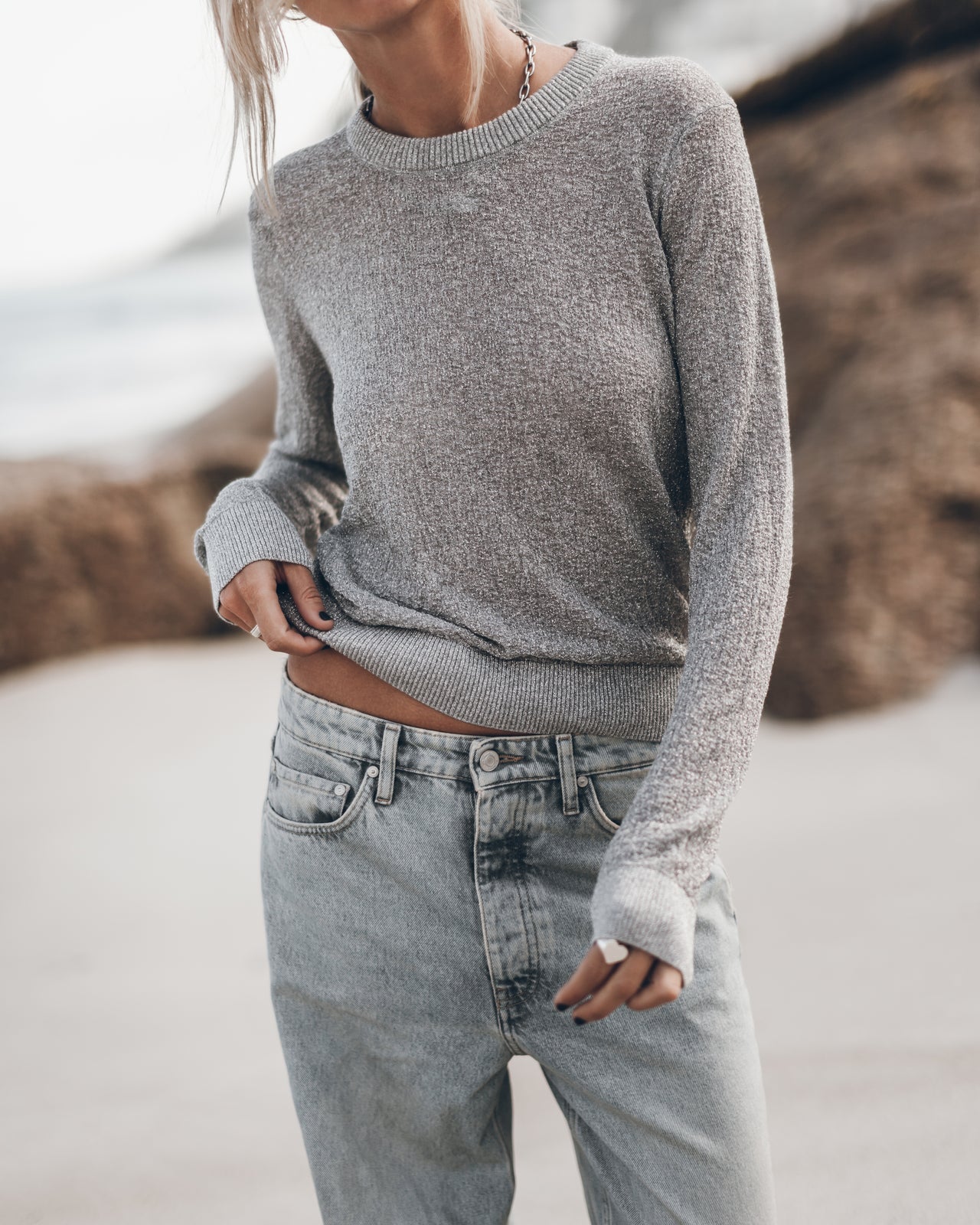 Silver Sparkly Thin Knitted Sweater Blue Baggy Jeans - Product photo