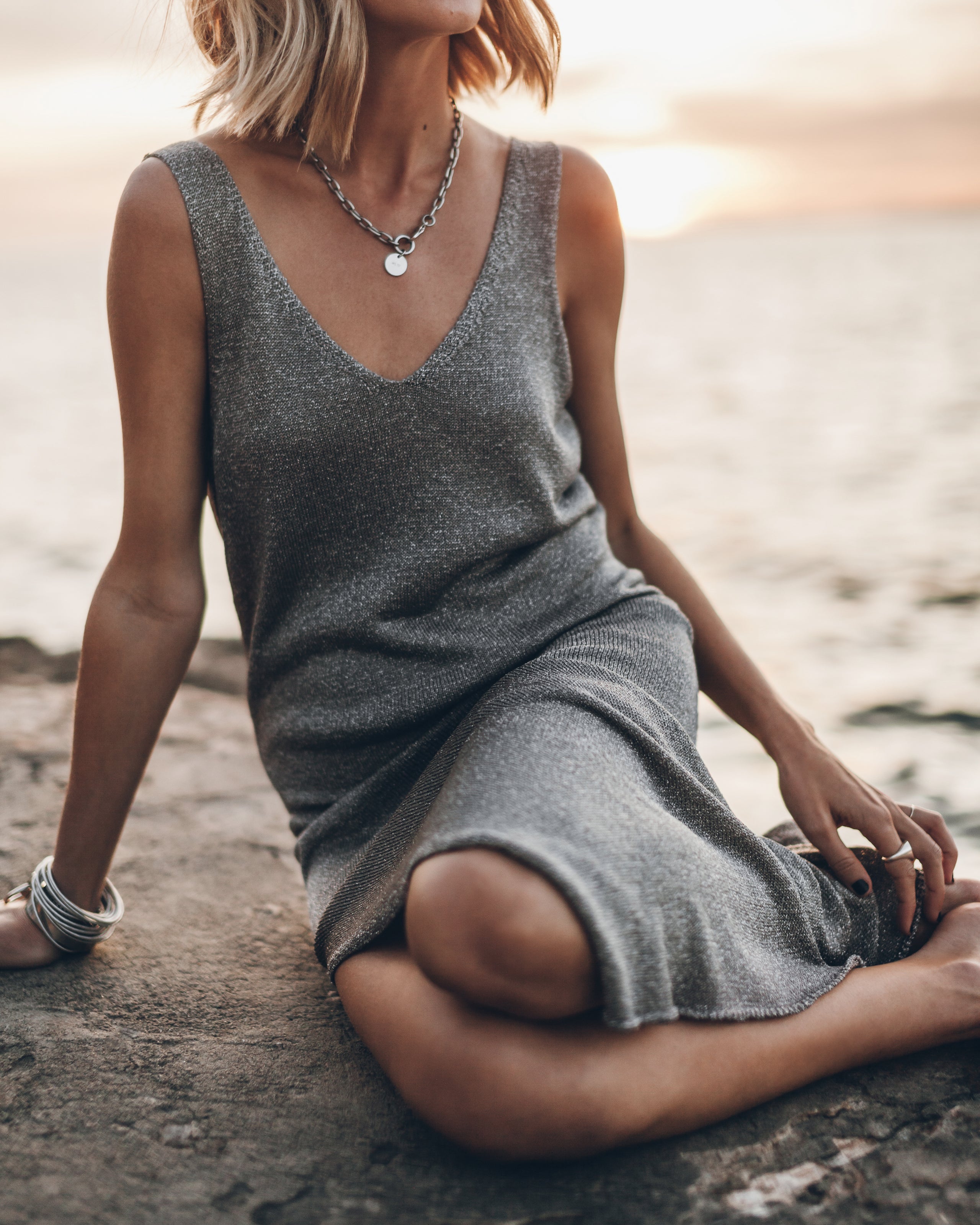 Silver Sparkly Thin Long Knit Dress - Product photo