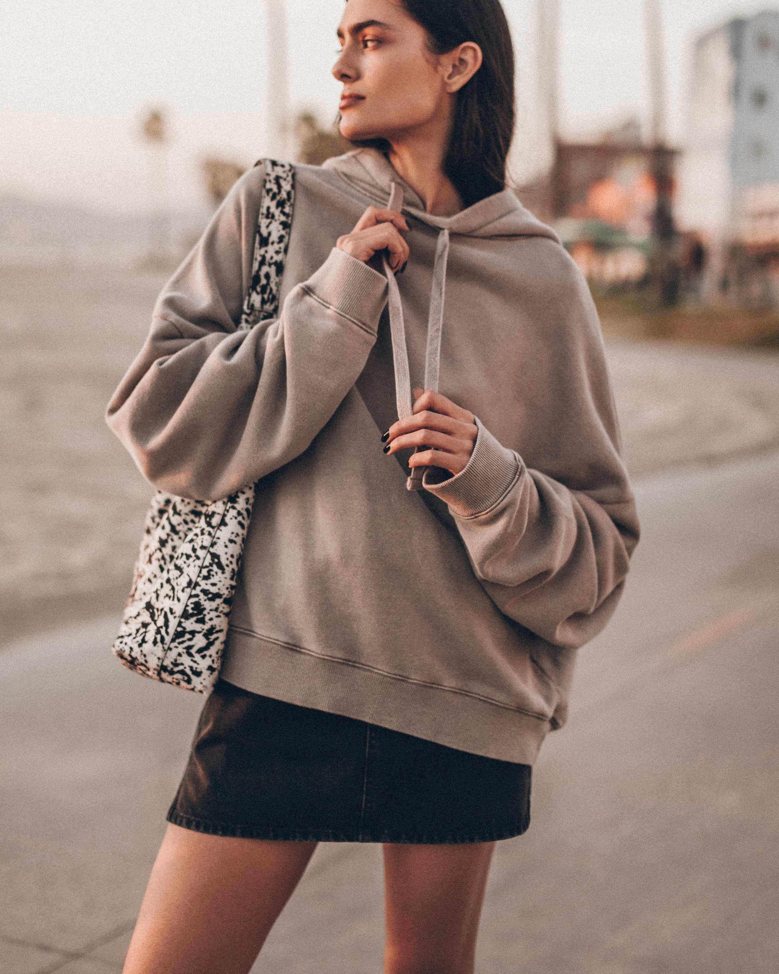 The Beige Oversized Hoodie The Black Denim Skirt The Hobo Bag Los Angeles California Danielle - P...
