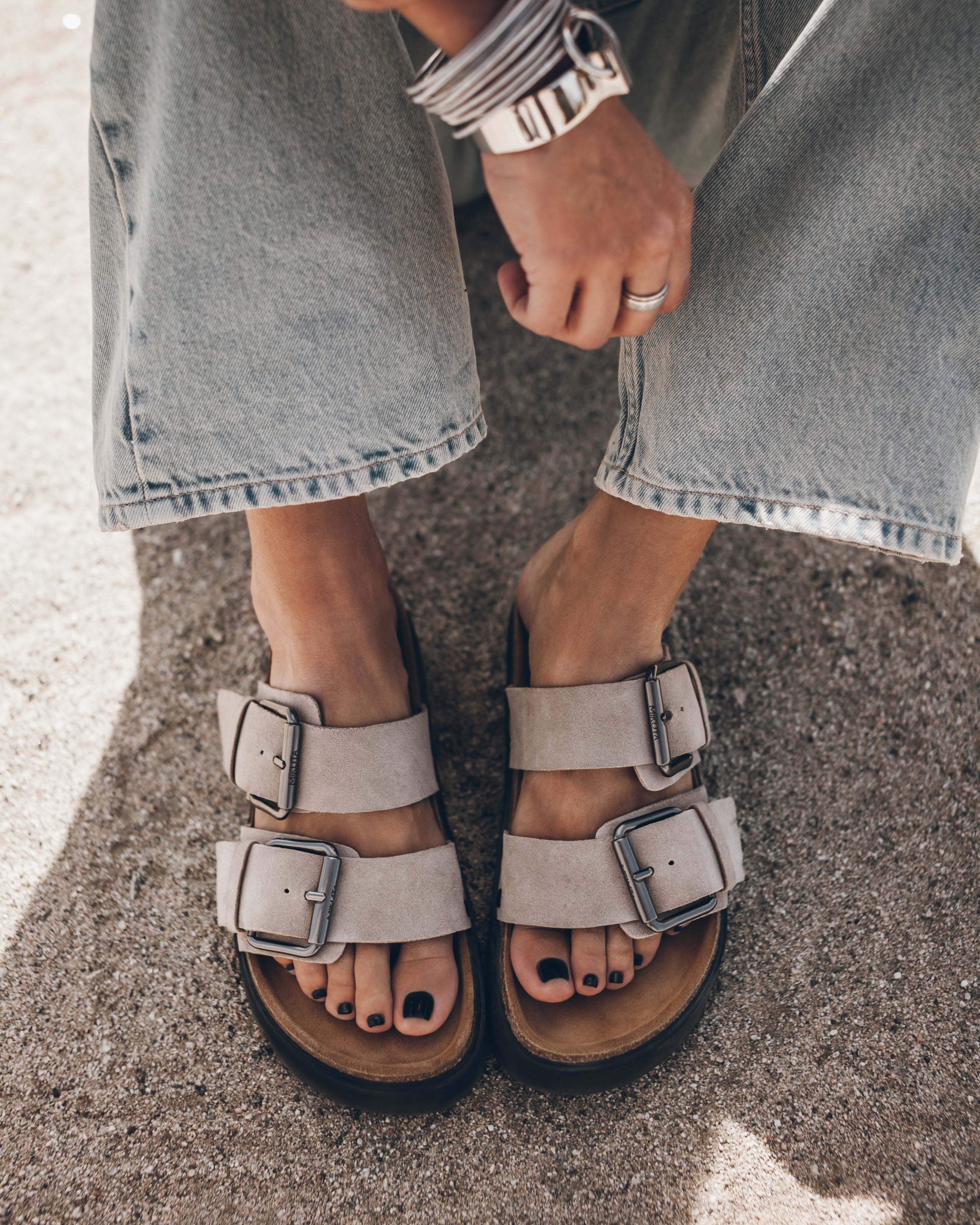 The Beige Suede Buckle Sandals