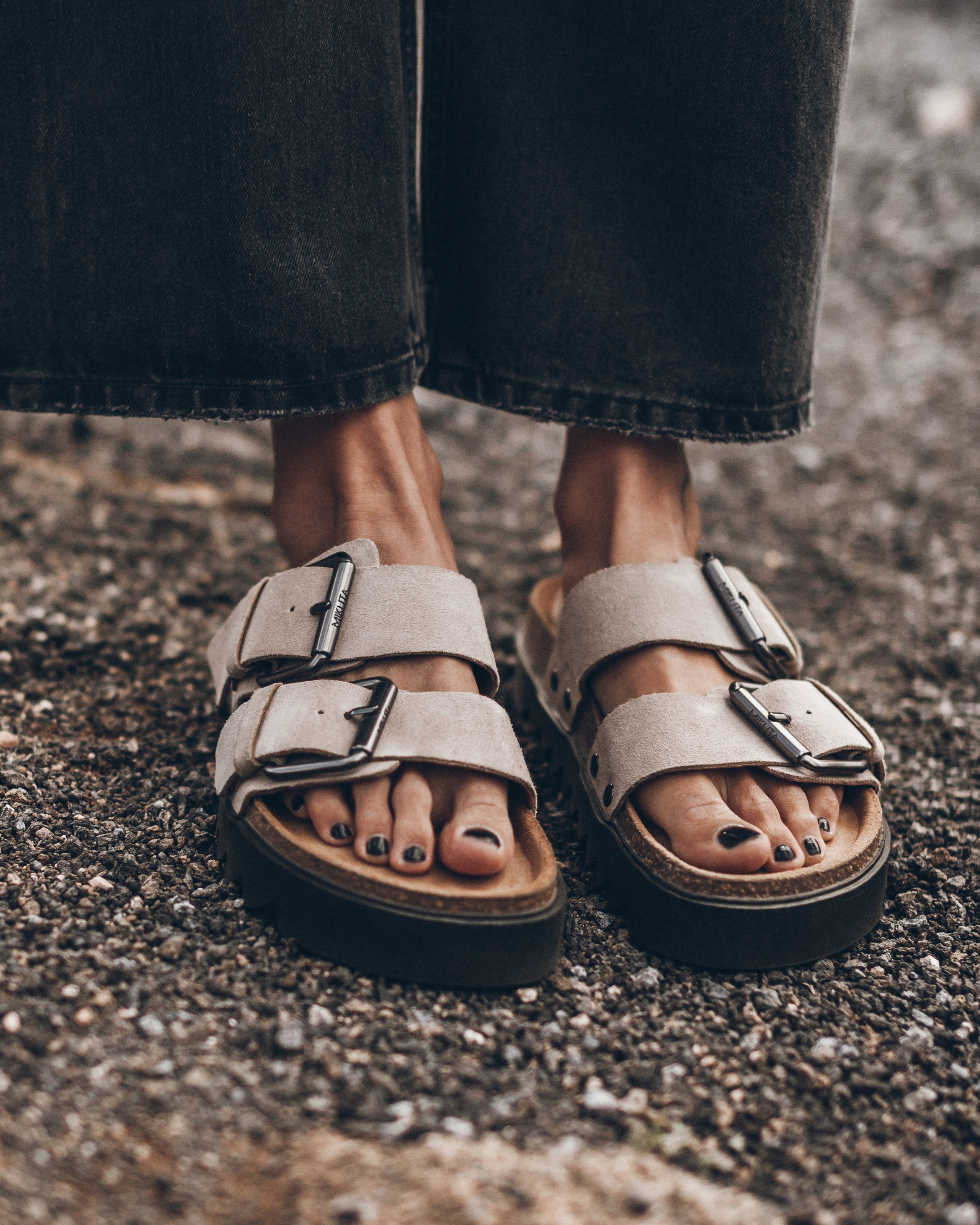 The Beige Suede Buckle Sandals