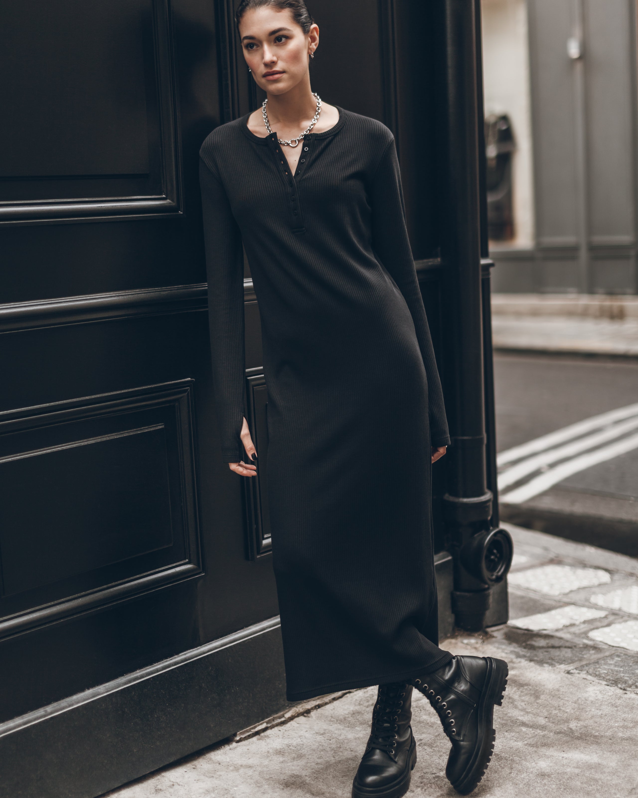 The Black Buttoned Ribbed Dress