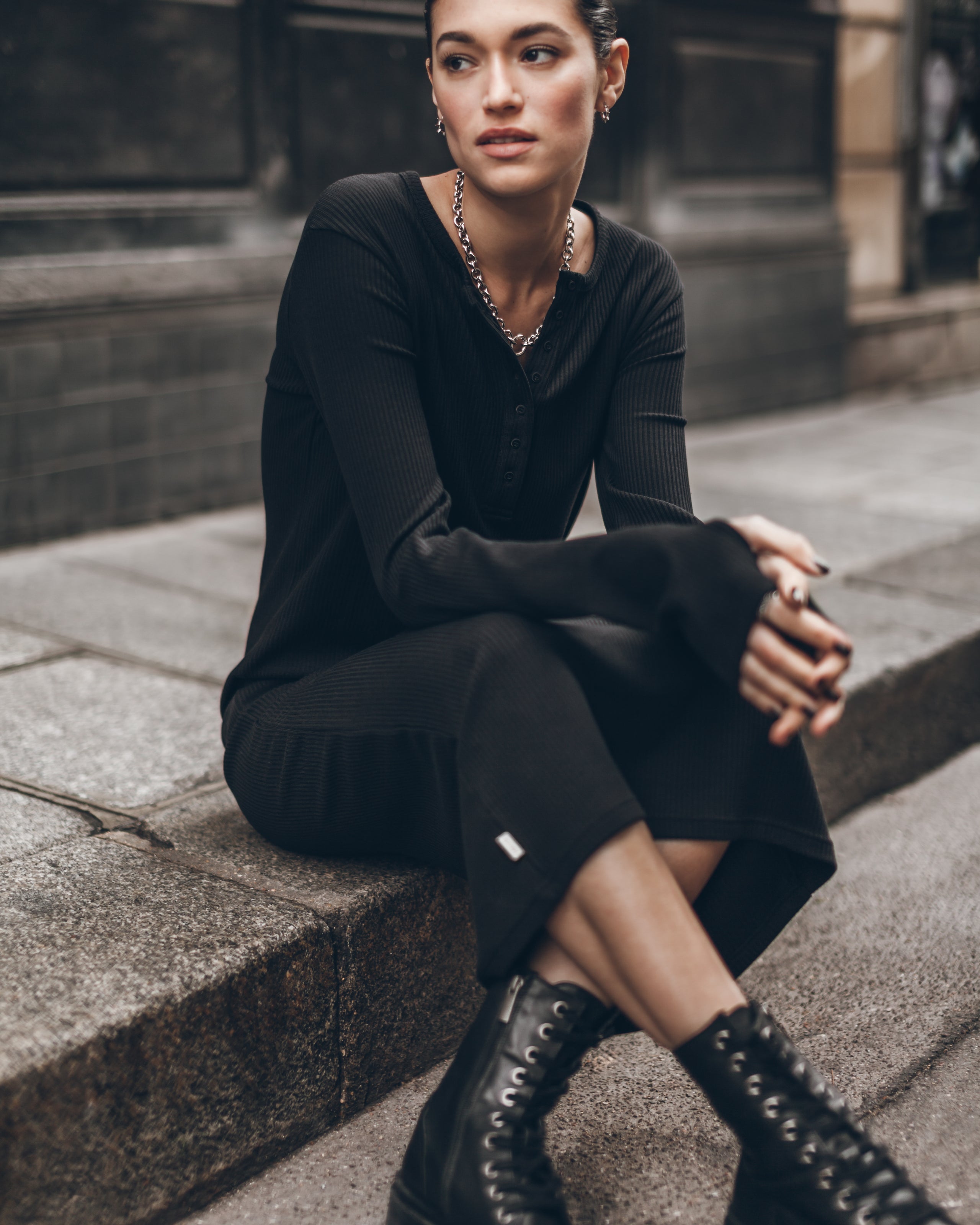 The Black Buttoned Ribbed Dress