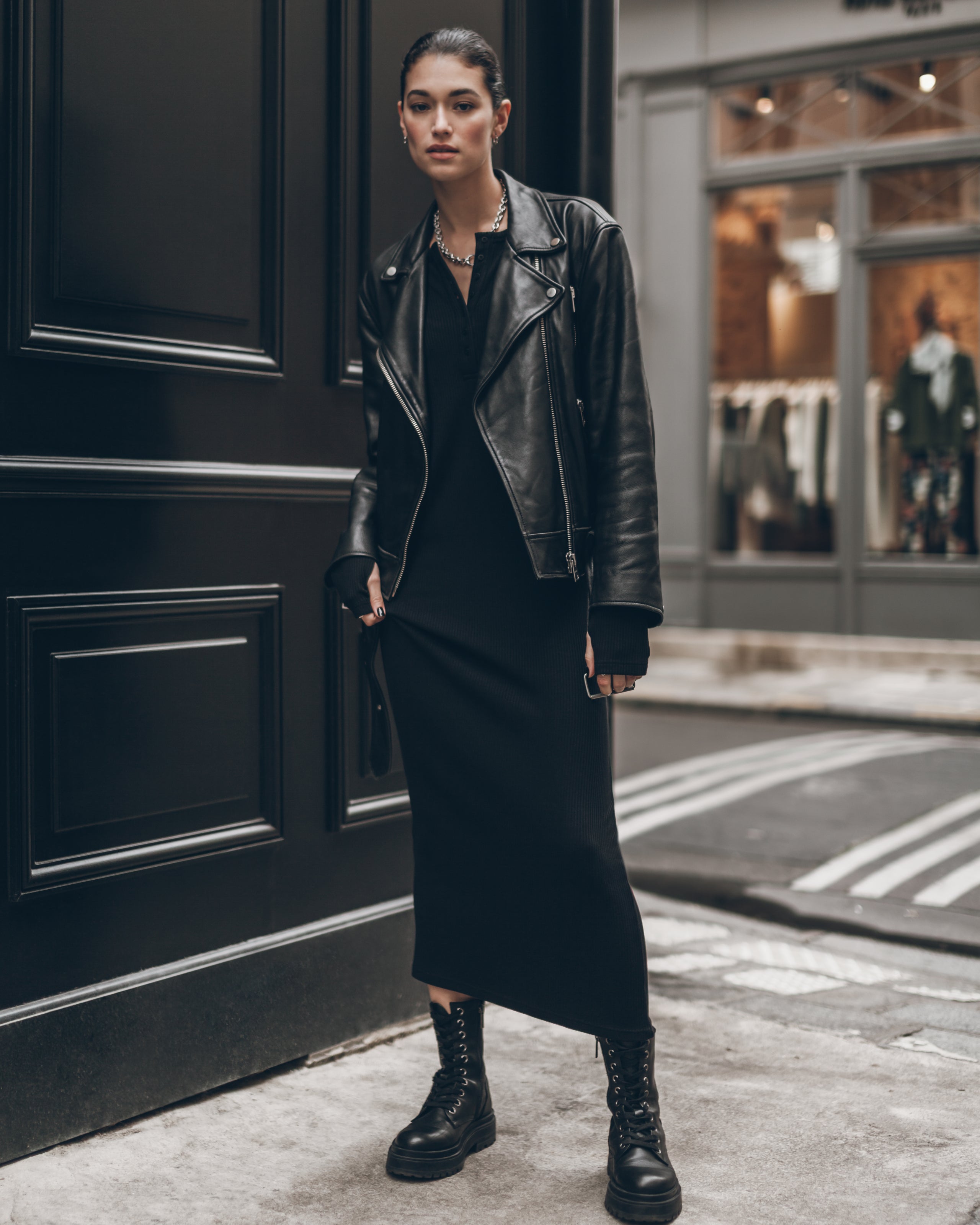 The Black Buttoned Ribbed Dress