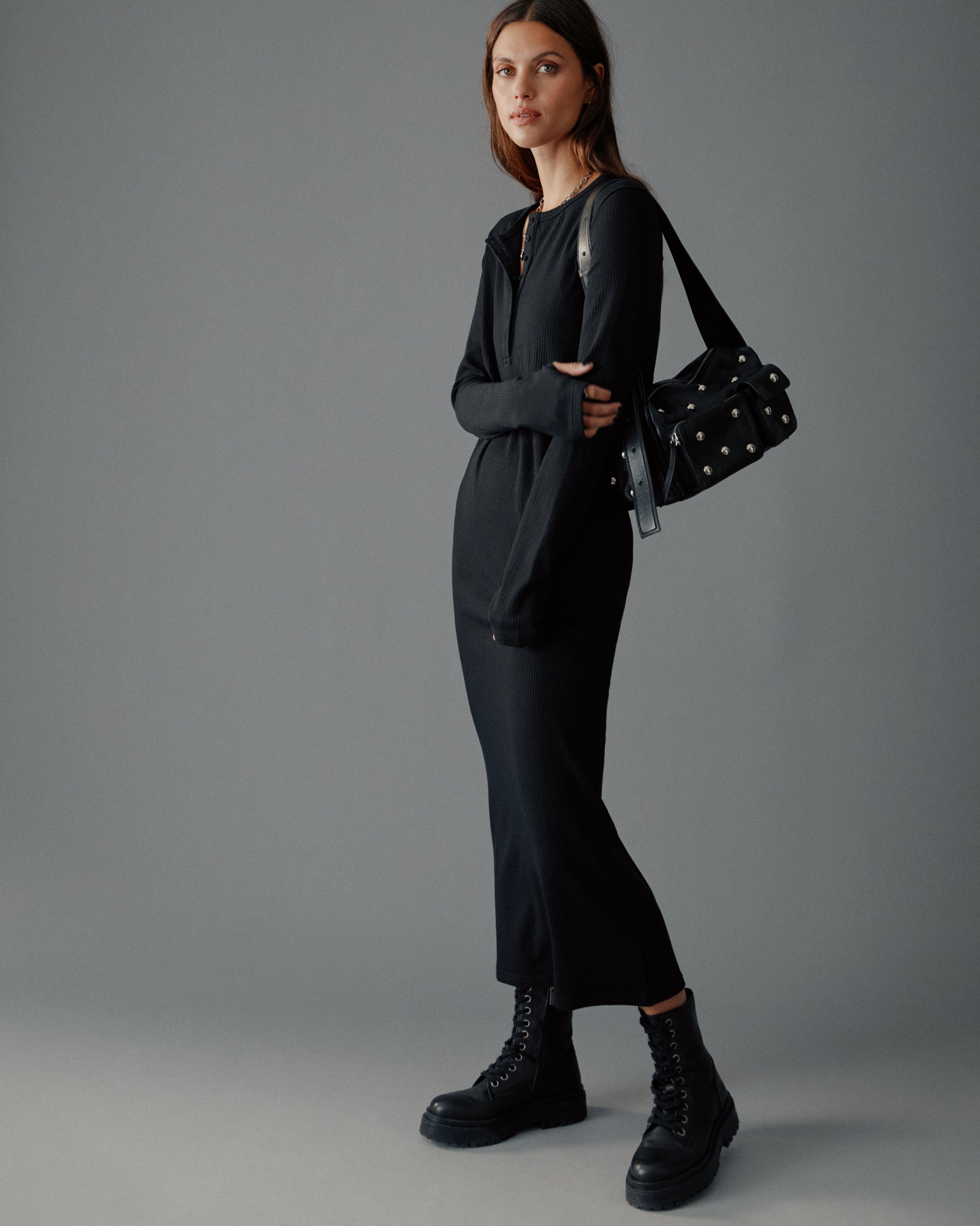 The Black Buttoned Ribbed Dress