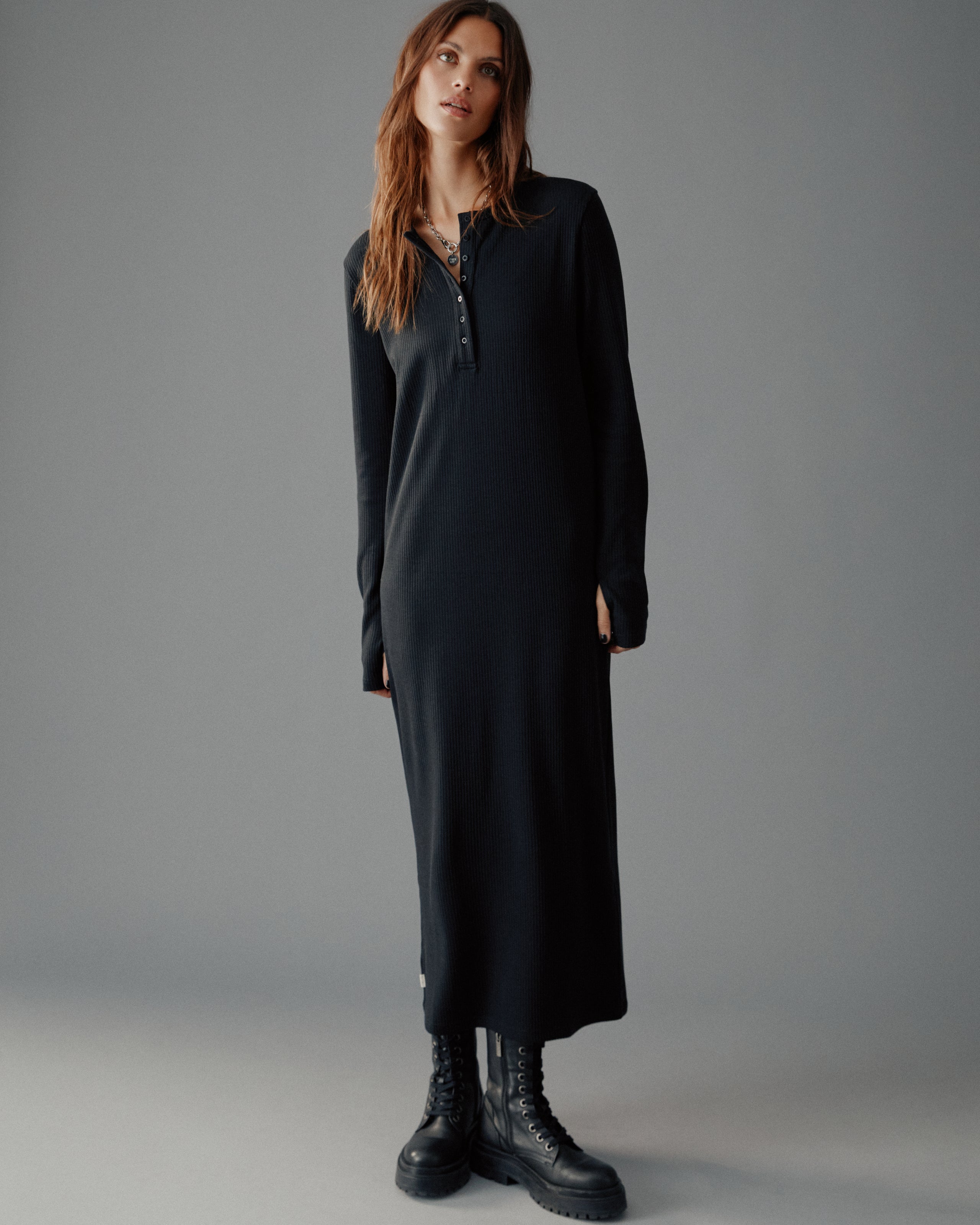 The Black Buttoned Ribbed Dress