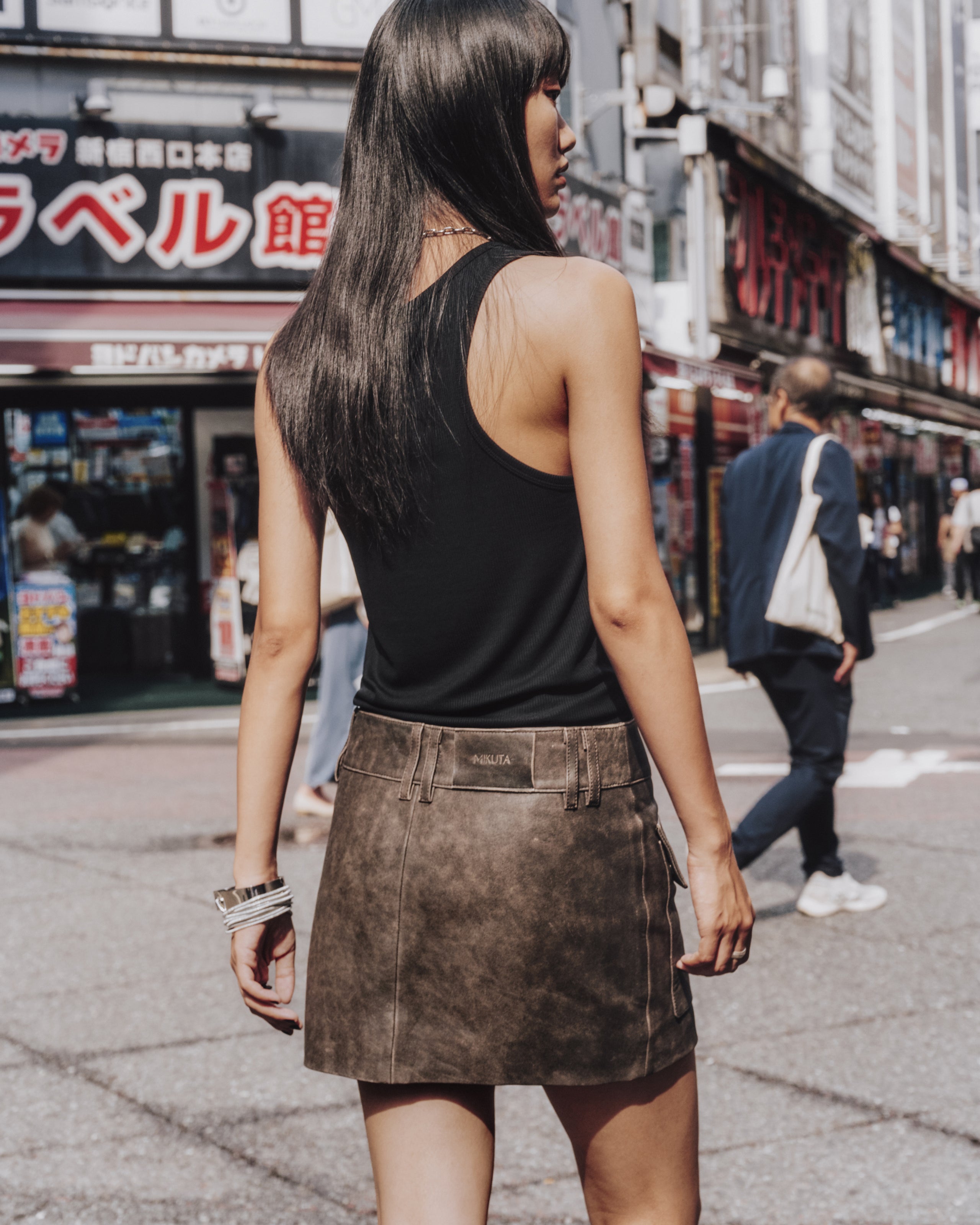 The Brown Leather Mini Skirt