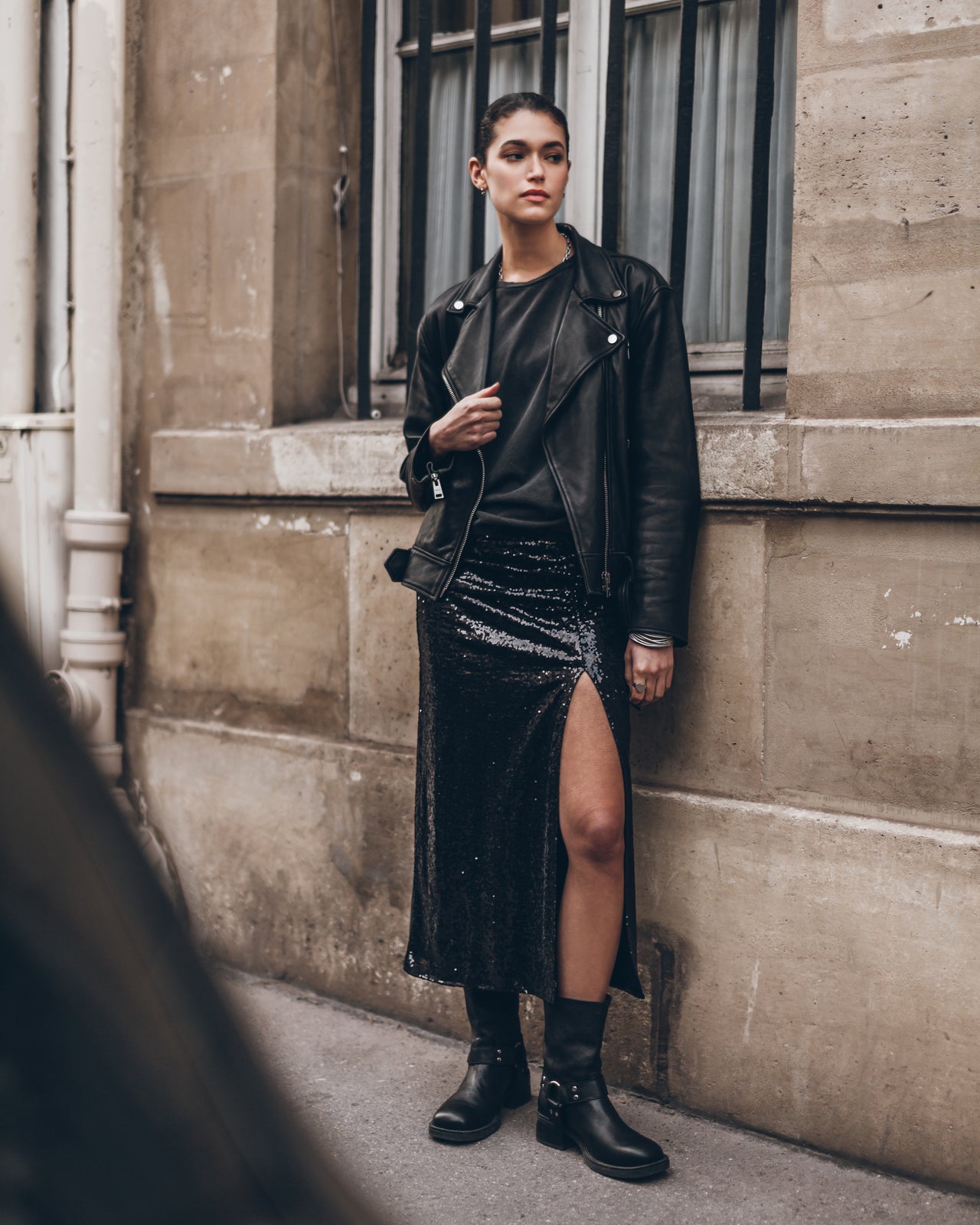 The Black Long Slit Sequin Skirt