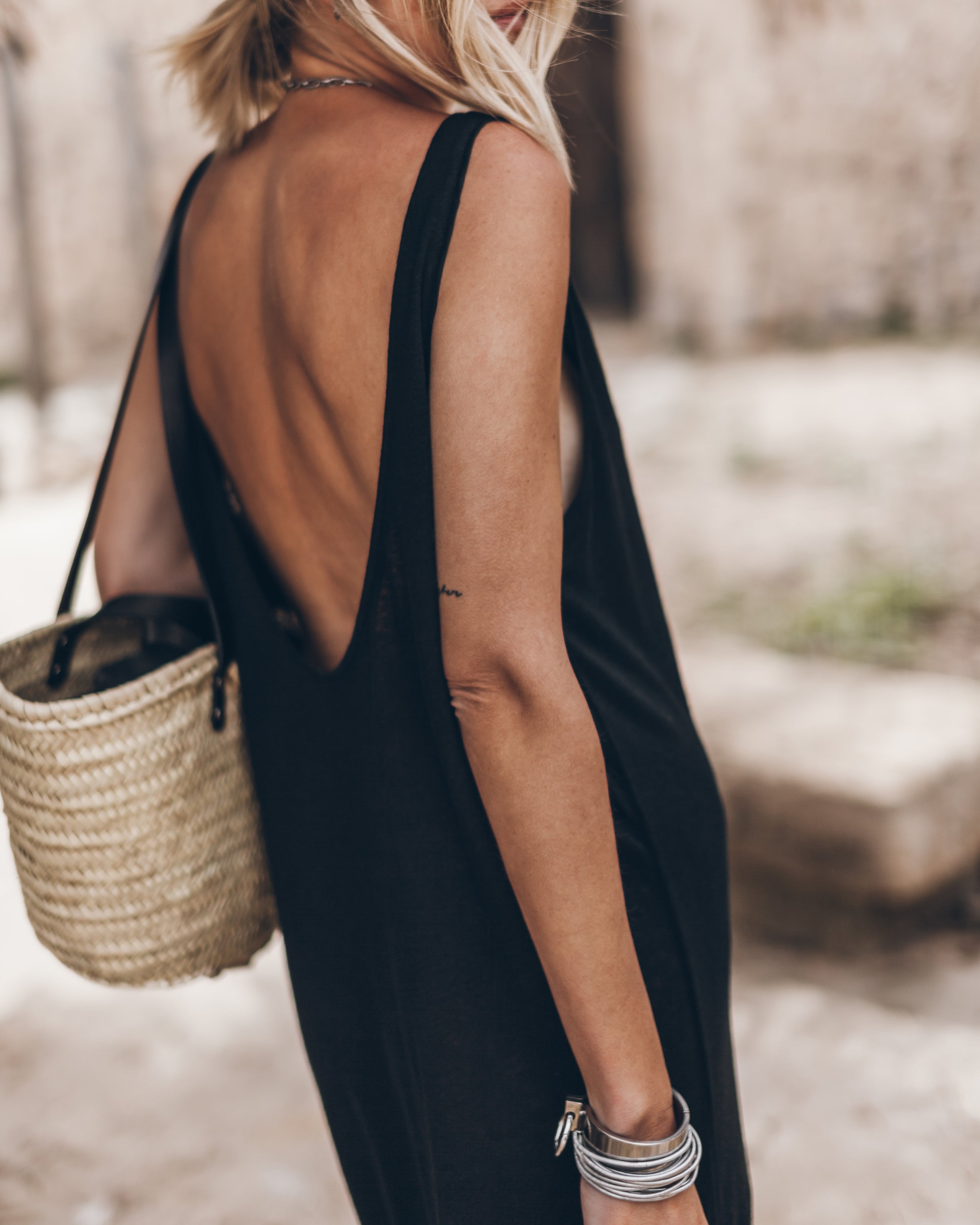 The Black Low Back Linen Tank Dress The Small Cesta Bag The Black Studded Leather Sandals - Produ...