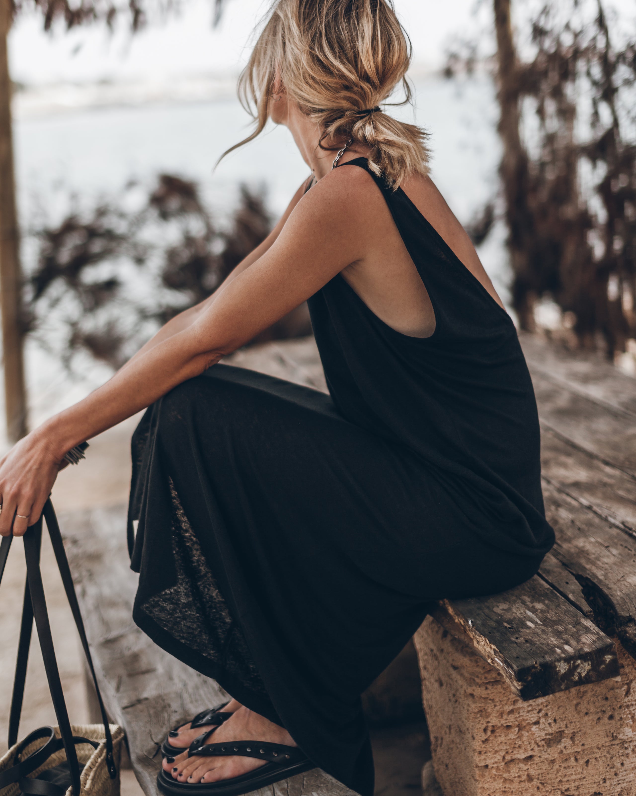 The Black Low Back Linen Tank Dress The Small Cesta Bag The Black Studded Leather Sandals - Produ...