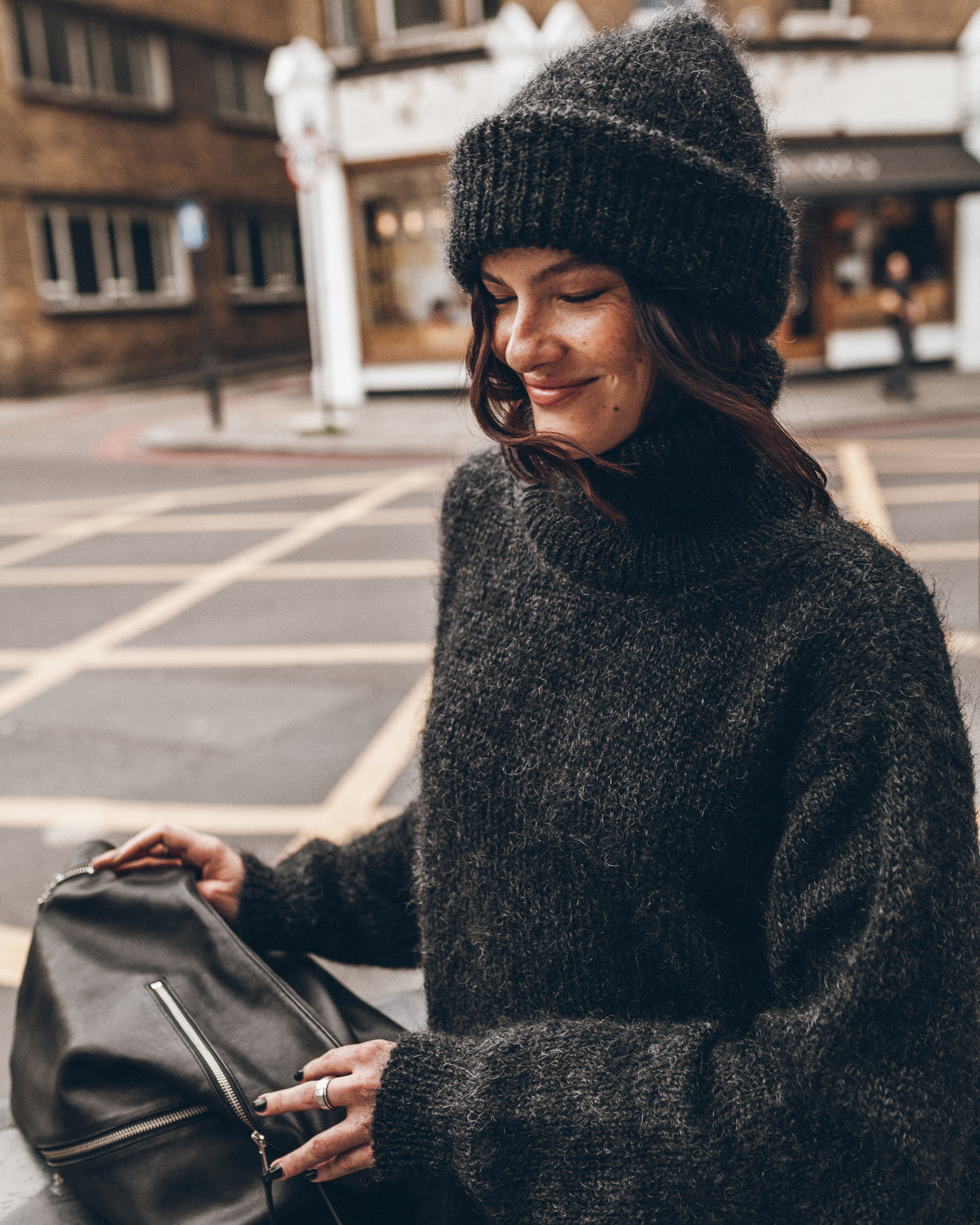 The Black Melange Mohair Knitted Beanie