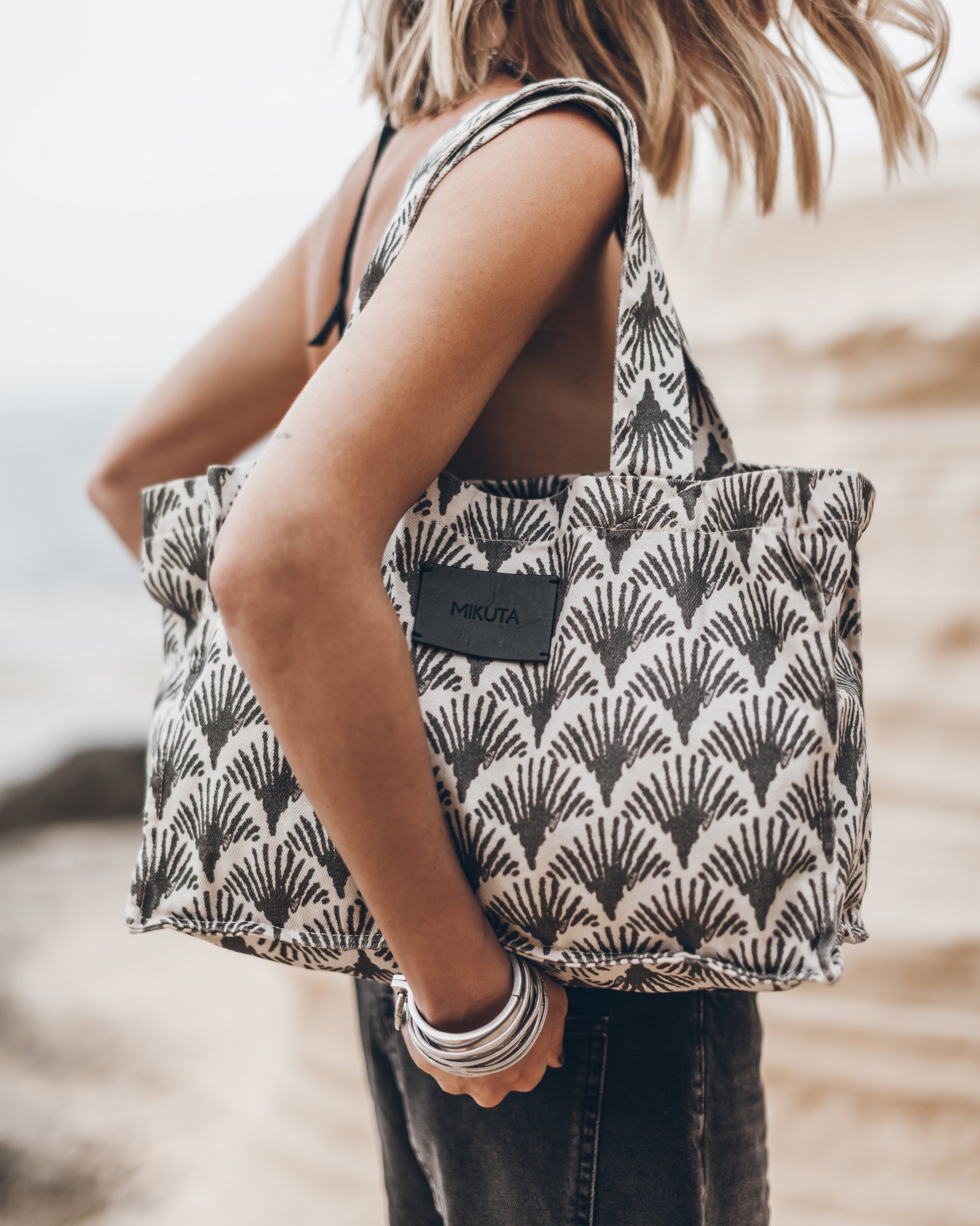 The Black Printed Small Canvas Bag The Black Loose Denim Shorts The Black Triangle Bikini Top - P...