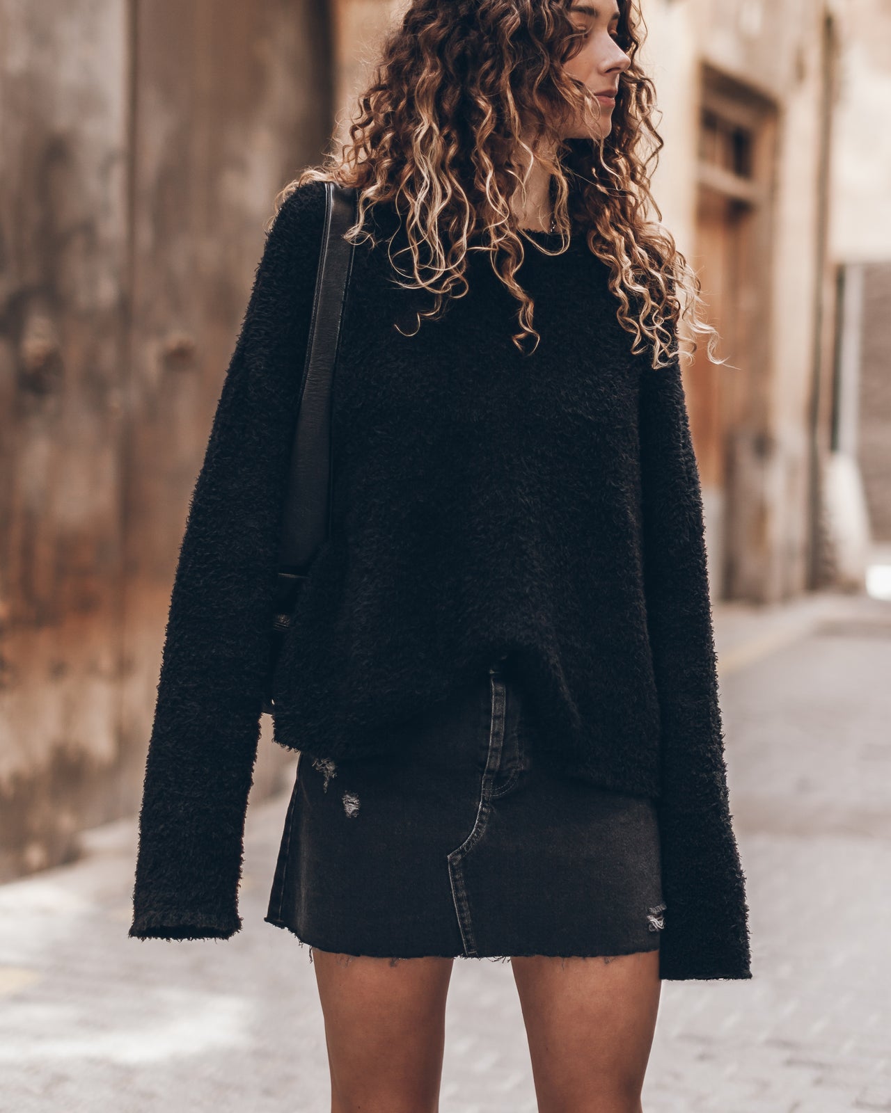 The Black Soft Knitted Sweater The Black Denim Skirt The Black Leather Buckle Sandals The Leather...