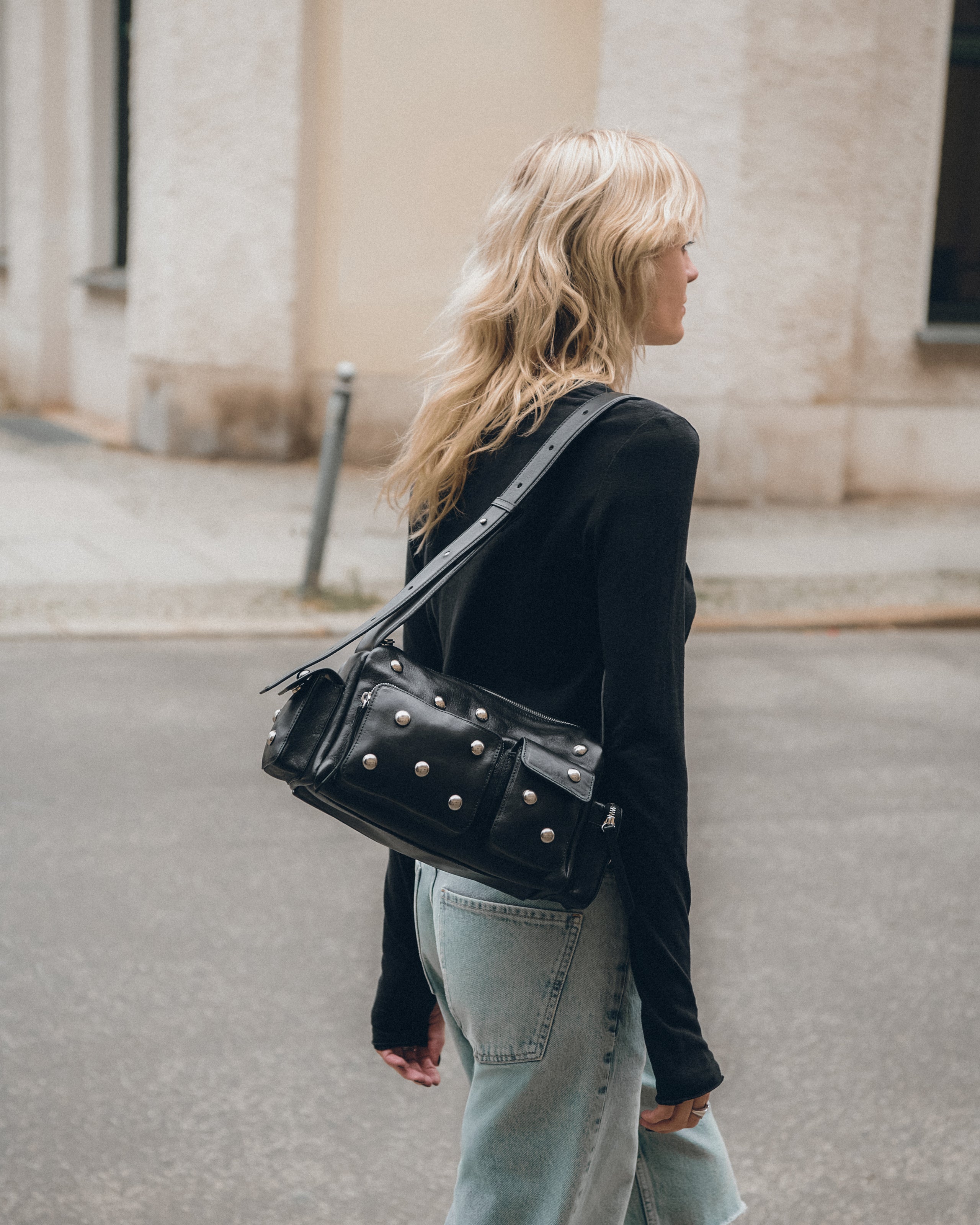 The Black Thin Linen Longsleeve The Blue Denim Bermuda Shorts The Minou Bag The Black Buckle Boot...
