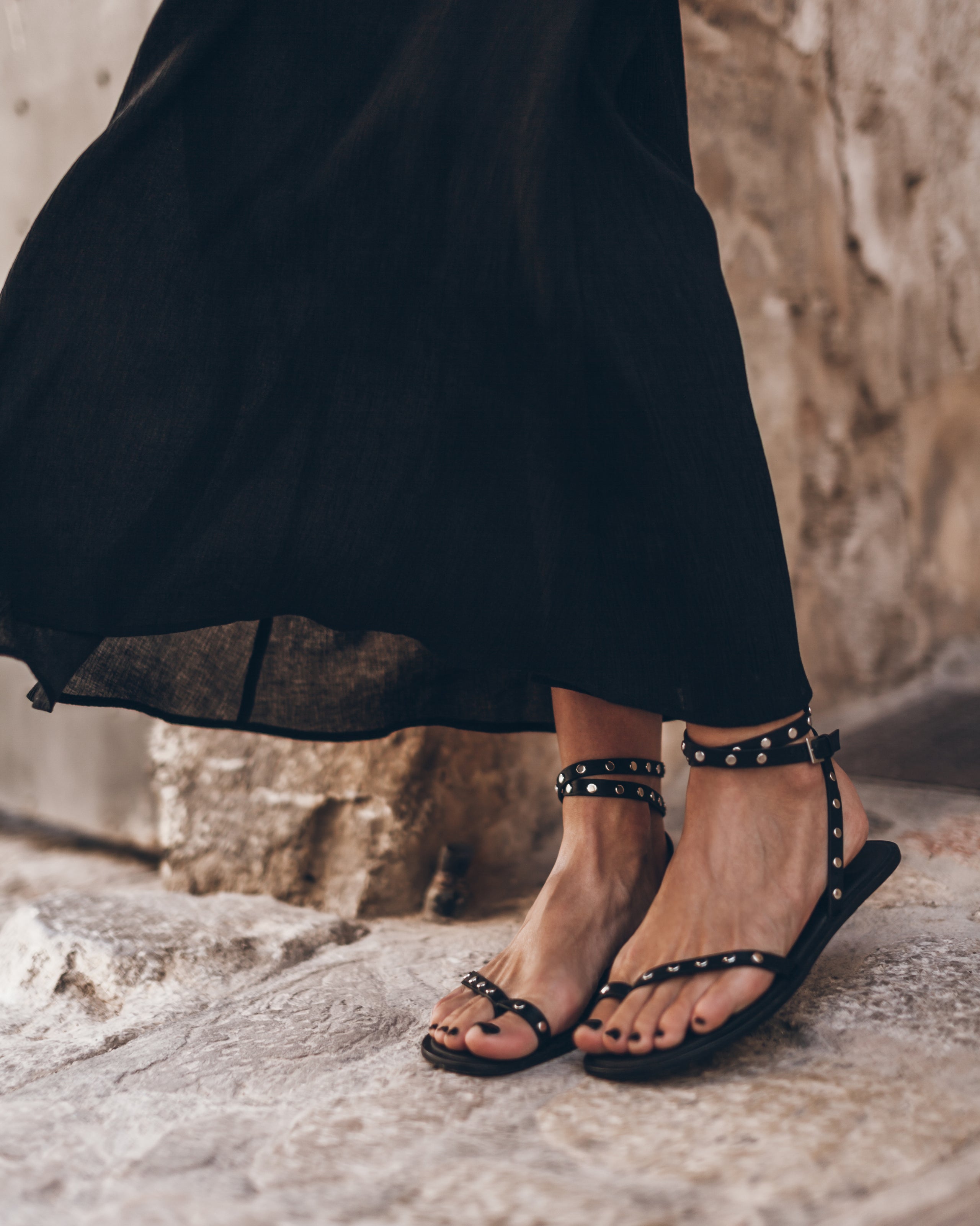 The Black Thin Studded Leather Sandals The Black Long Crinkle Dress - Product photo