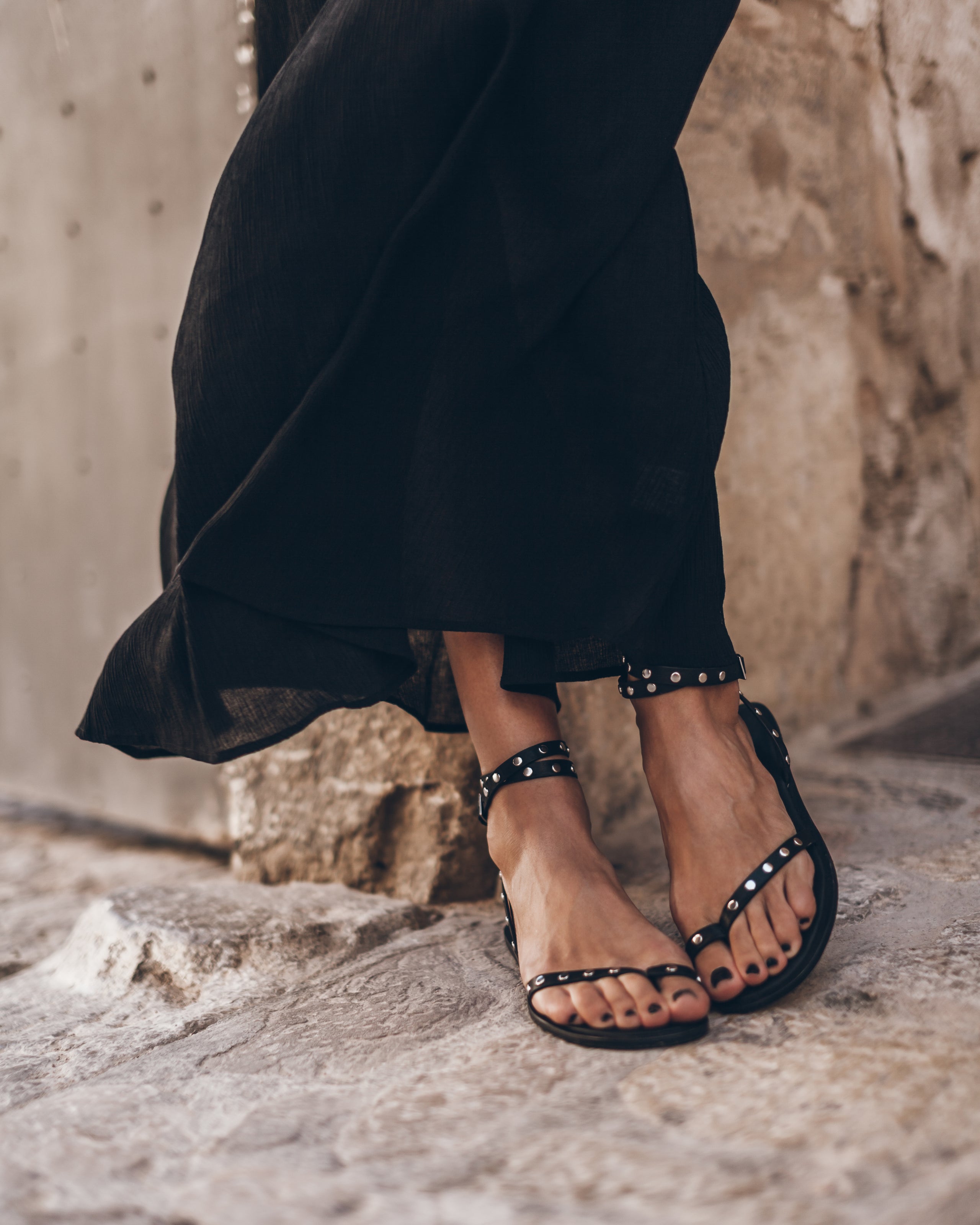The Black Thin Studded Leather Sandals The Black Long Crinkle Dress - Product photo