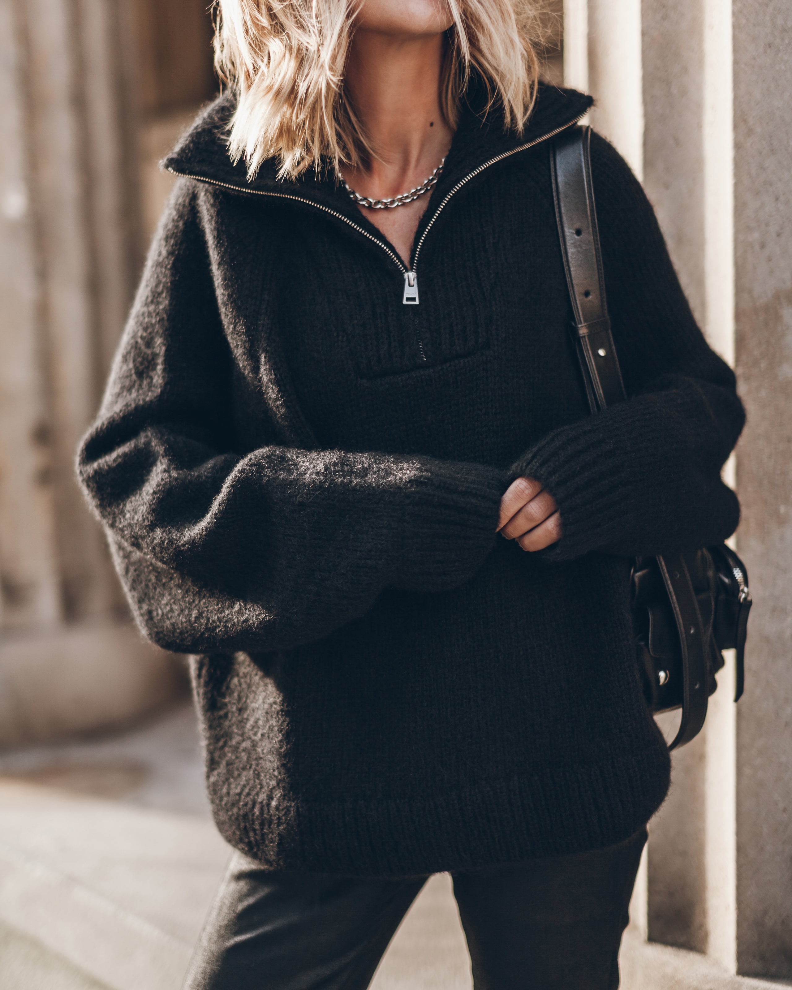 The Black Zipped Knit Sweater