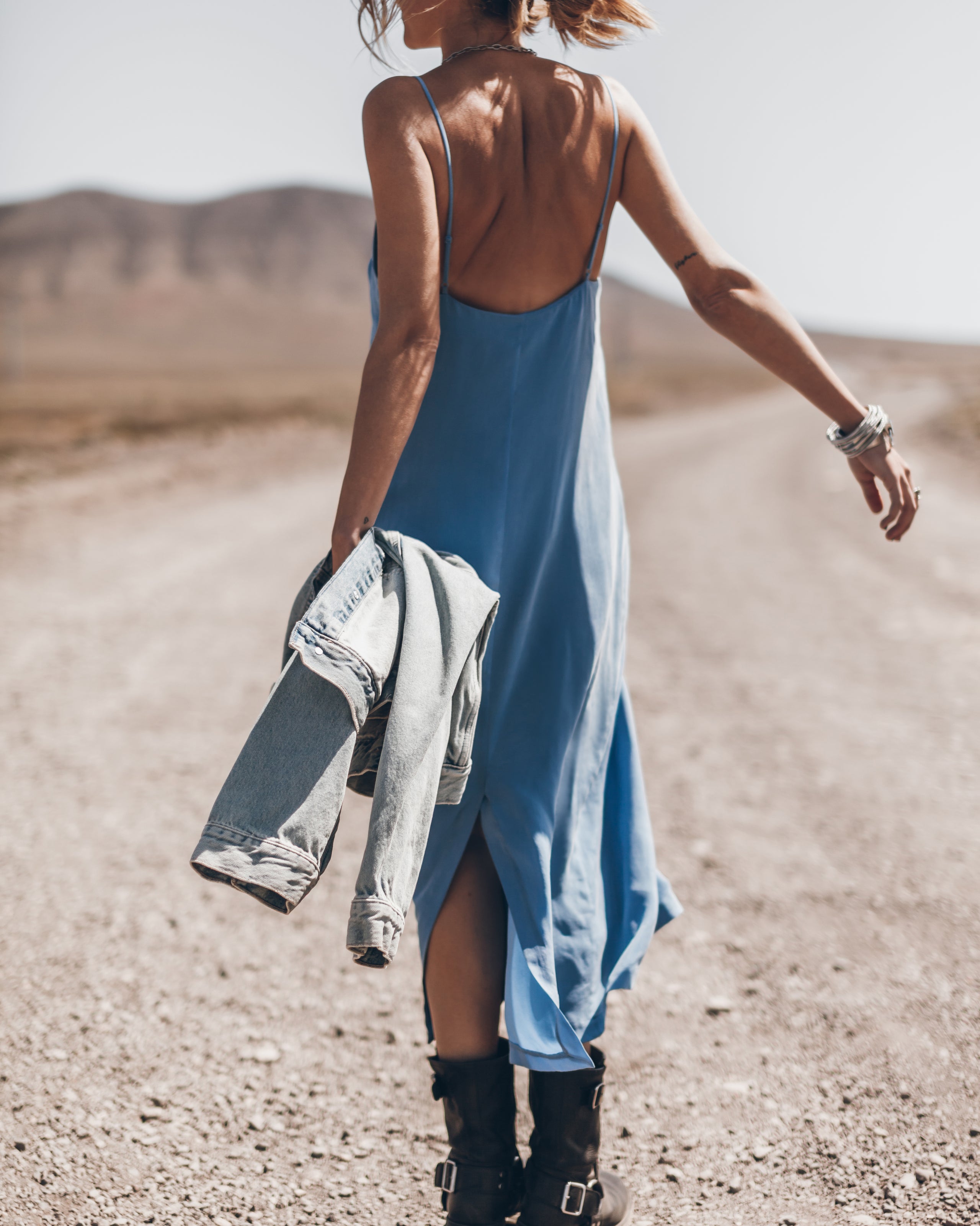 The Blue Long Cupro Slip Dress The Black Buckle Boots Desert California Jacqueline - Product photo