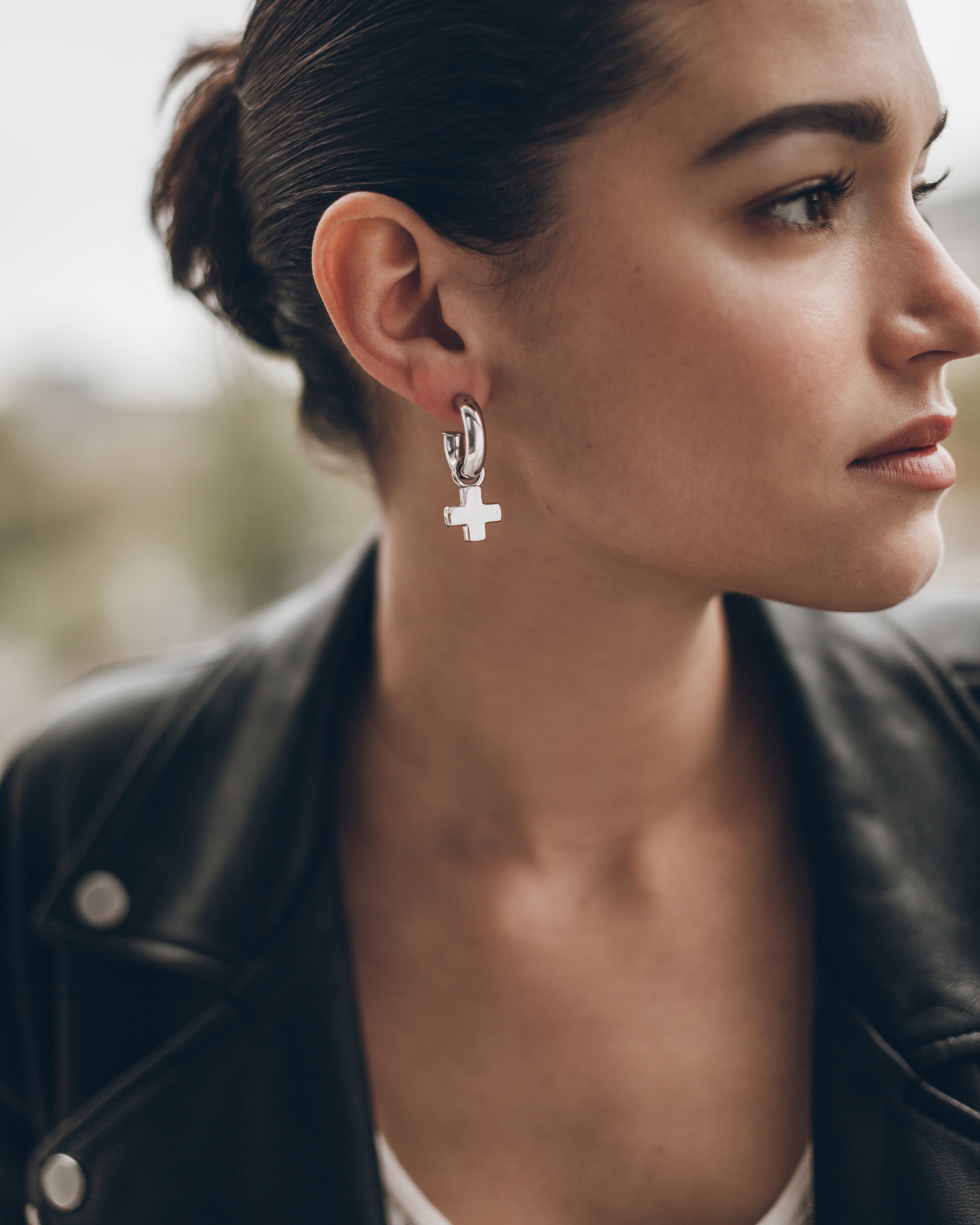 MIKUTA hoops with cross charm - versatile silver earrings