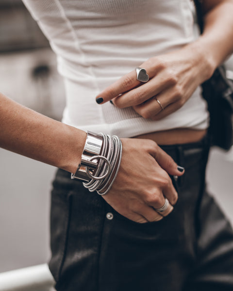 MIKUTA silver cuff styled with bangles and heart ring - jewelry layering