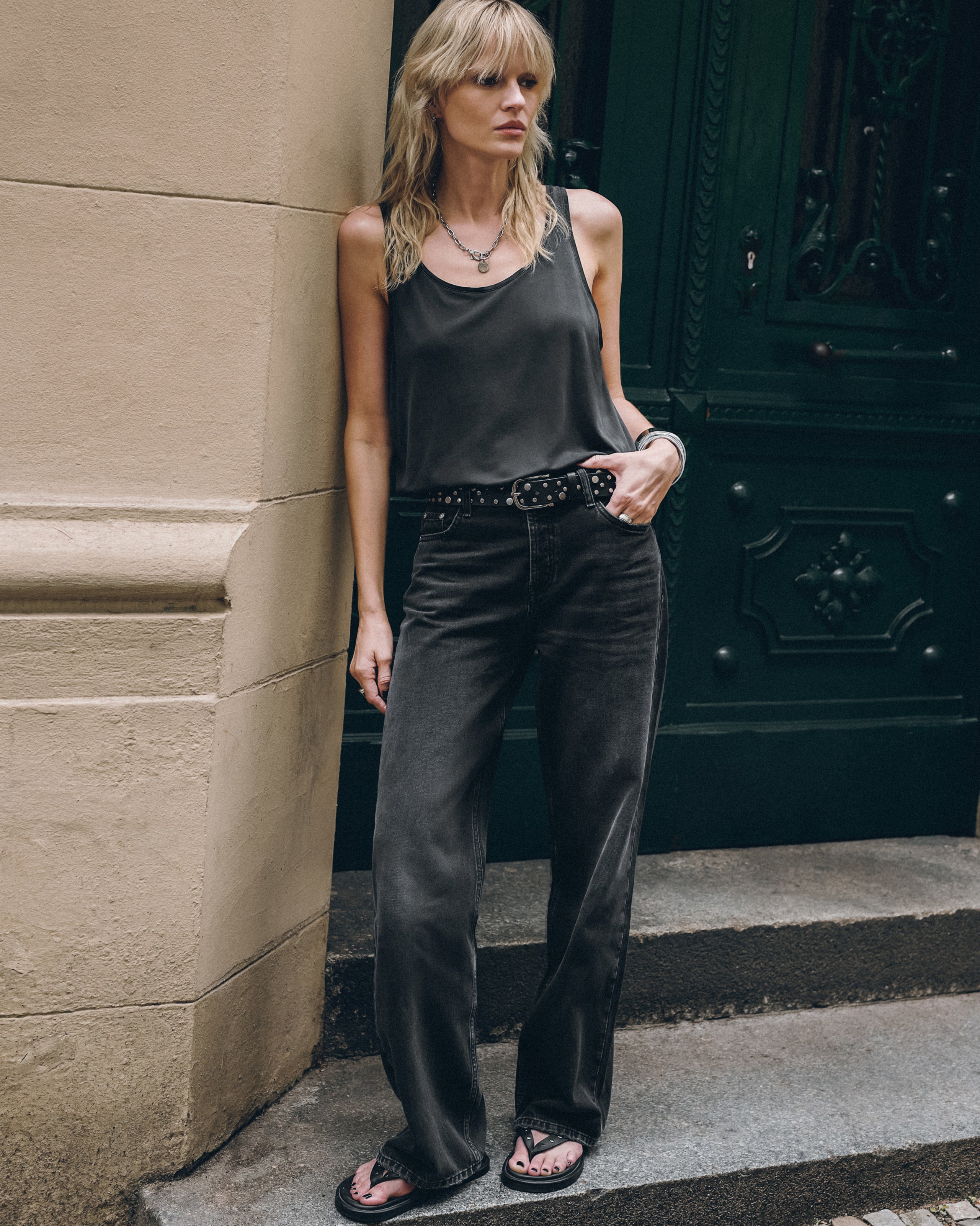 The Dark Faded Base Tank Top The Black Loose Jeans The Black Studded Leather Sandals The Studded ...