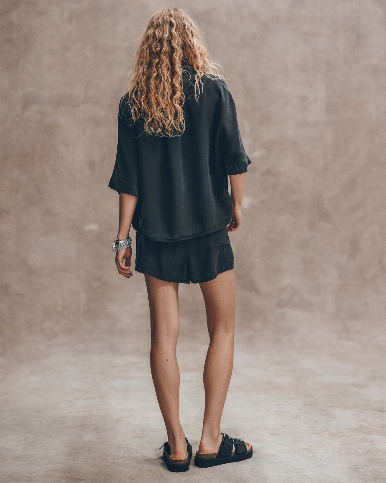 The Dark Co Ord Shirt The Dark Co Ord Shorts The Black Leather Buckle Sandals - Product photo