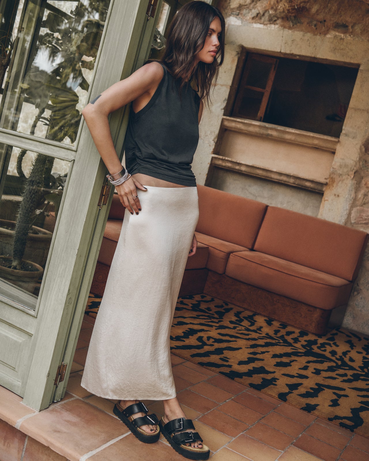 The Dark Draped Tank Top The Light Long Slip Skirt The Black Leather Buckle Sandals - Product photo