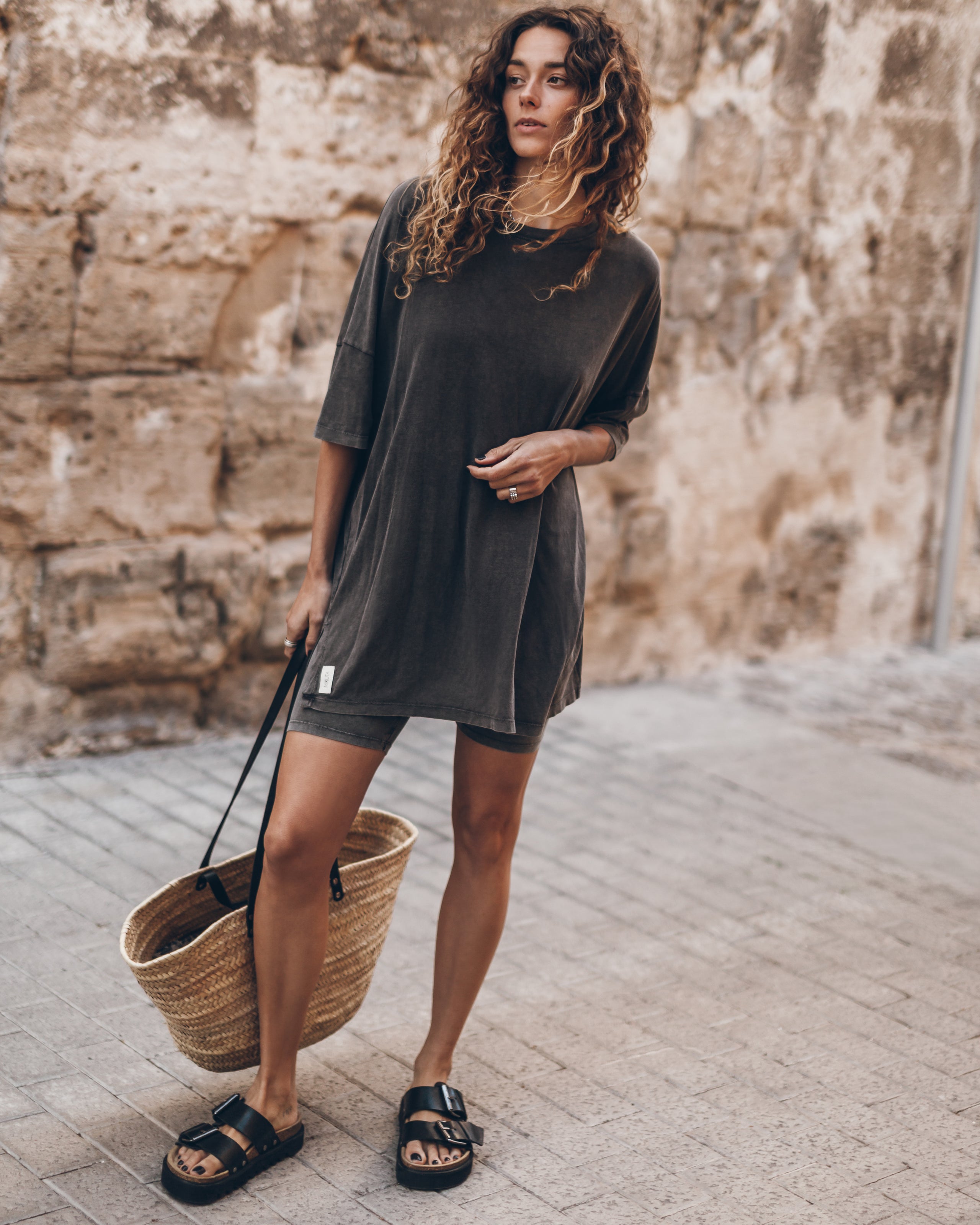 The Dark Faded Short Loose Shirt Dress The Dark Faded Base Biker Shorts The Black Leather Buckle ...