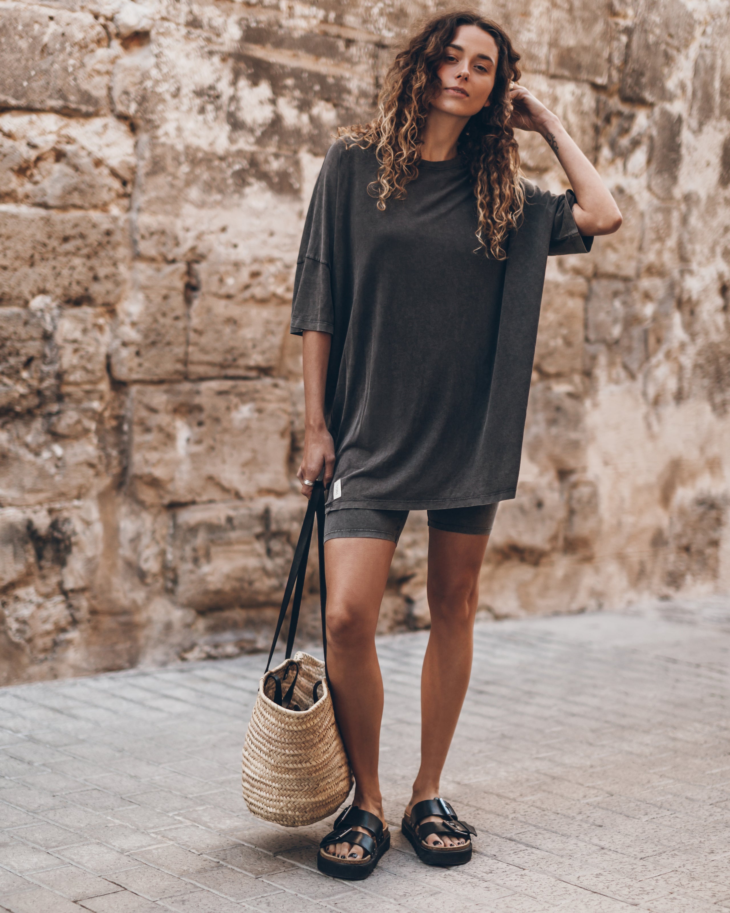 The Dark Faded Short Loose Shirt Dress The Dark Faded Base Biker Shorts The Black Leather Buckle ...